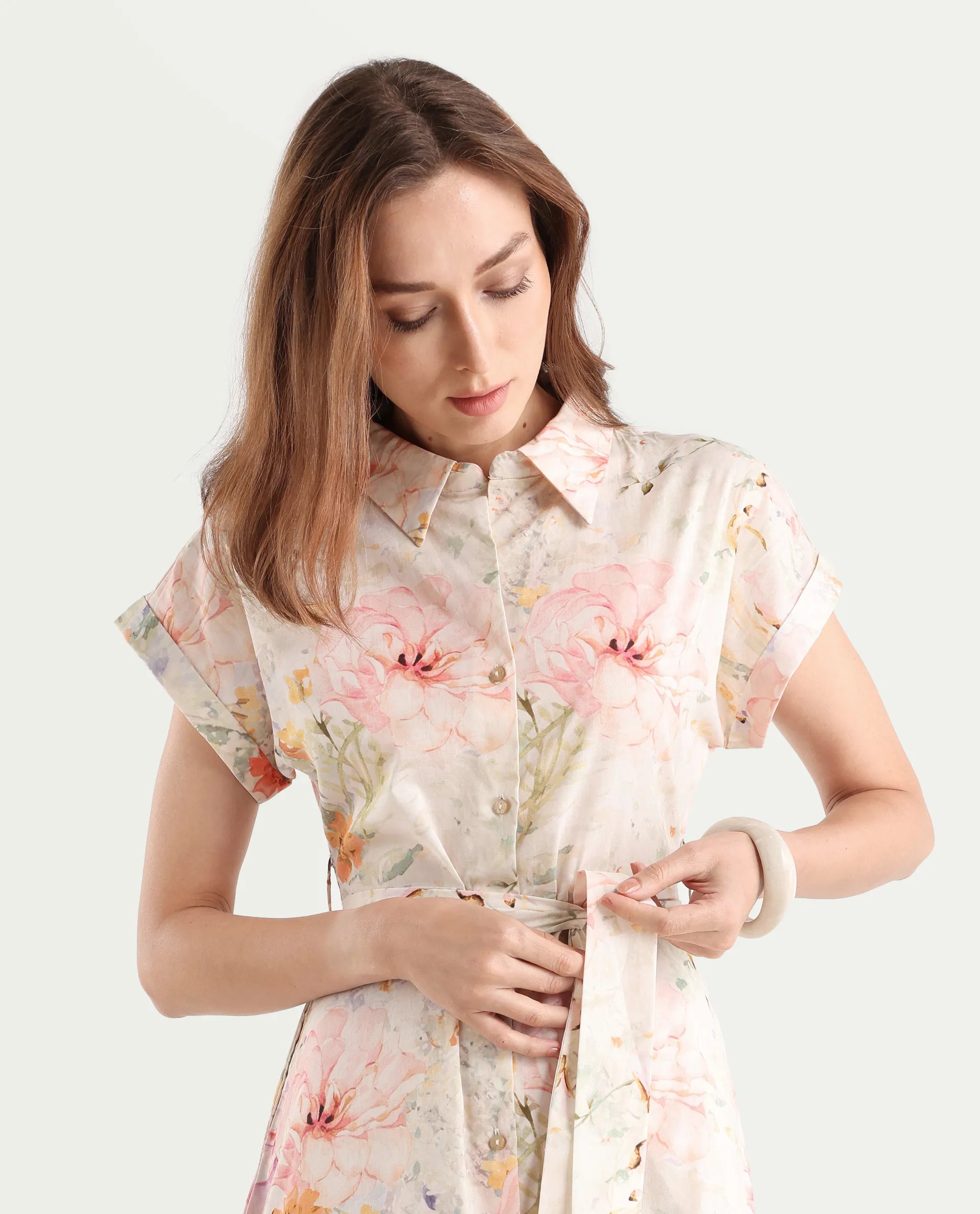 Rareism Women's Carpi Multi Cotton Drop Collar Floral Print Extended Sleeves Knee Length Regular Fit Dress