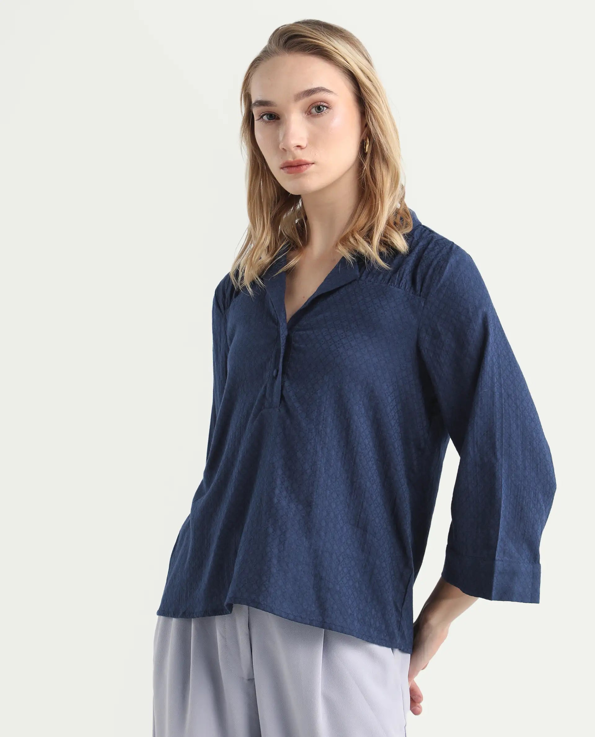 Rareism Women's Carrara Dark Blue Cotton Blend Lapel Neck Plain Regular Fit Top
