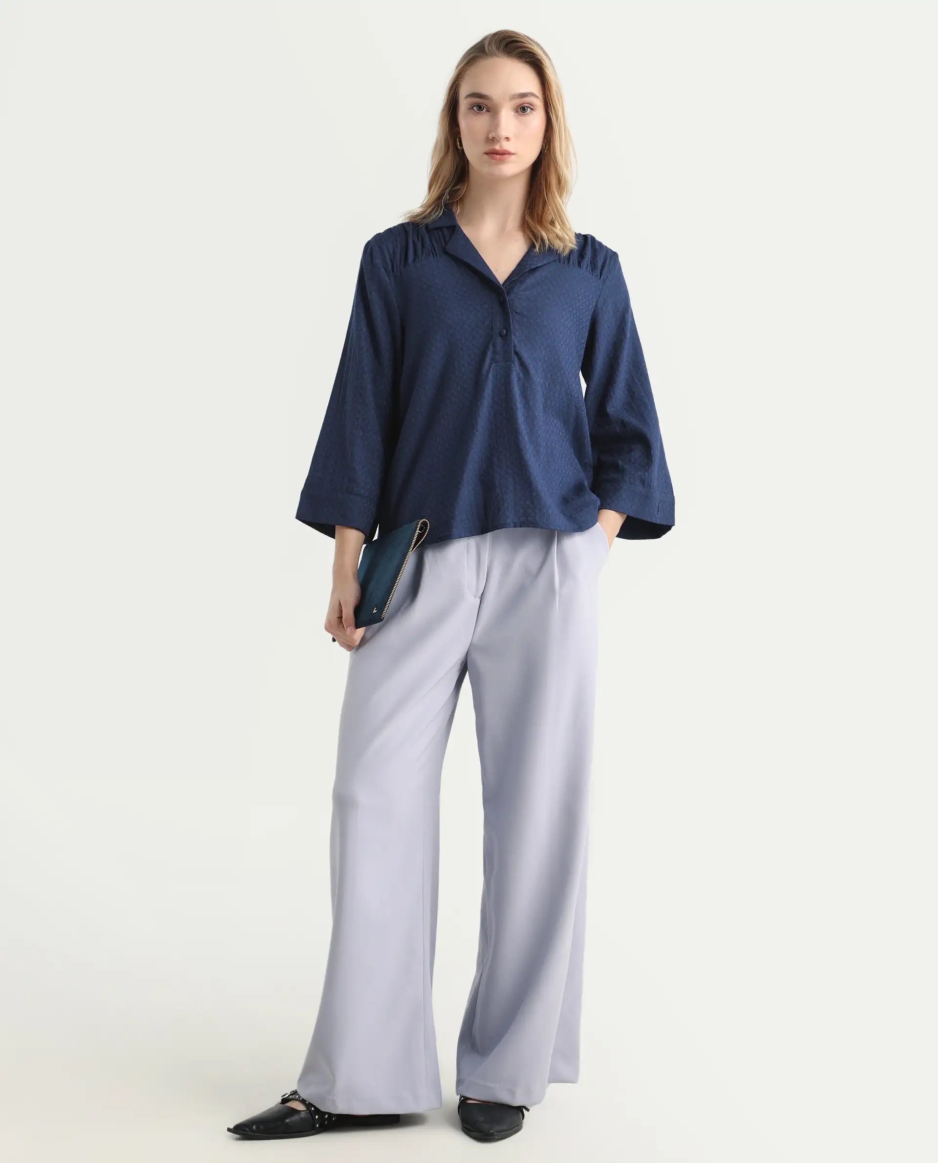 Rareism Women's Carrara Dark Blue Cotton Blend Lapel Neck Plain Regular Fit Top