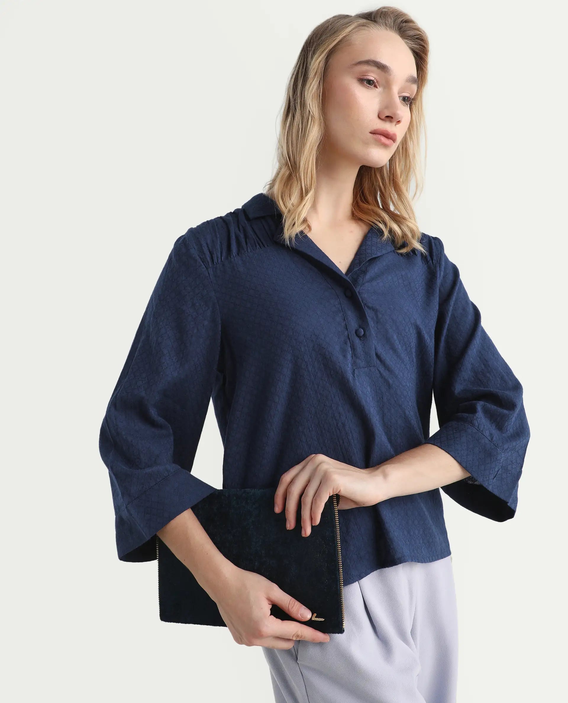 Rareism Women's Carrara Dark Blue Cotton Blend Lapel Neck Plain Regular Fit Top