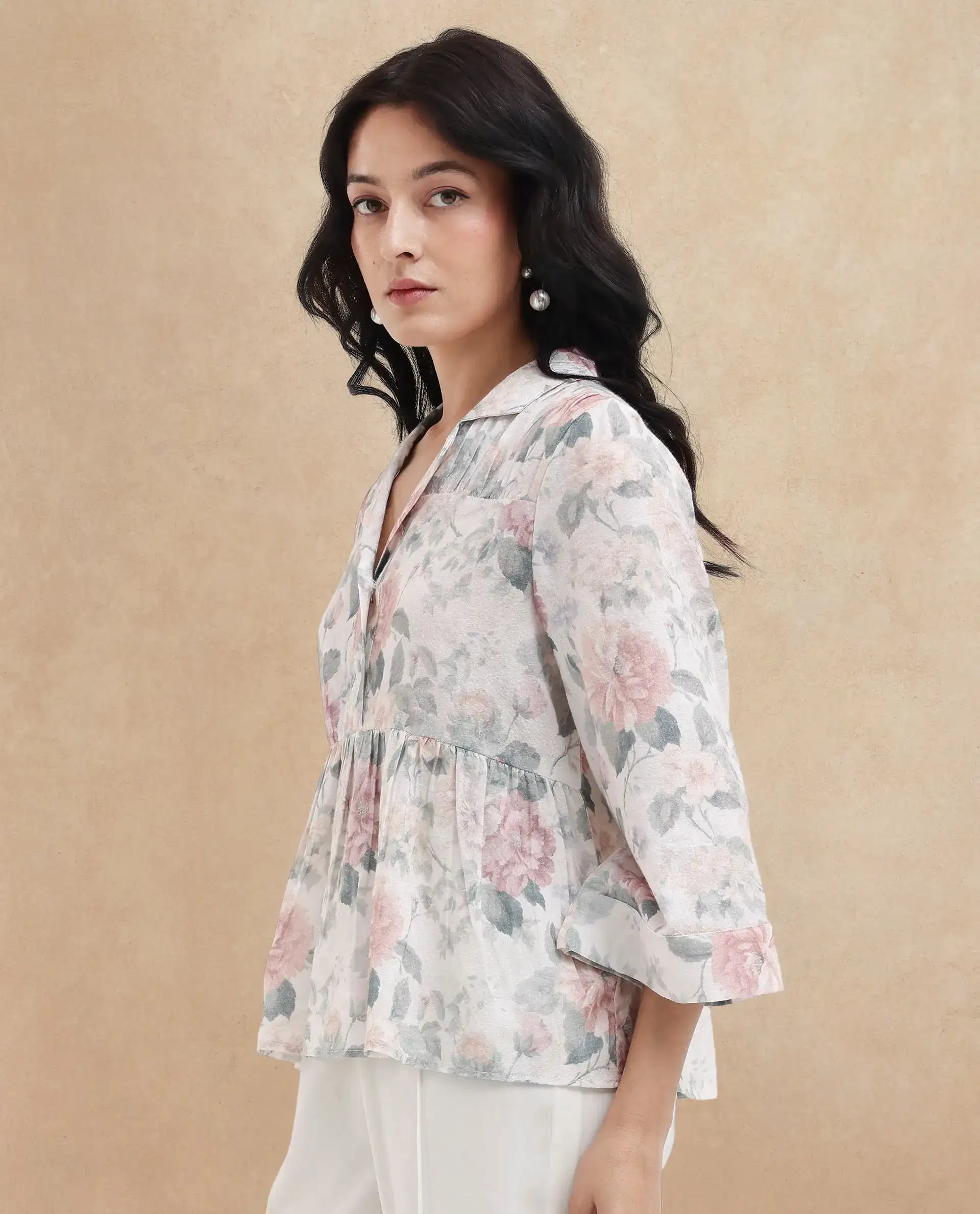 Rareism Women's Carrarao Light Multi Cotton Blend Lapel Neck Floral Print Regular Fit Top