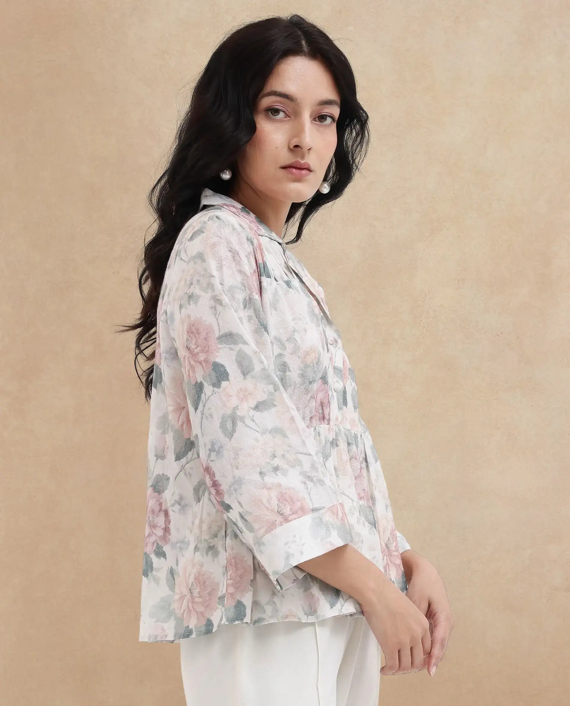 Rareism Women's Carrarao Light Multi Cotton Blend Lapel Neck Floral Print Regular Fit Top