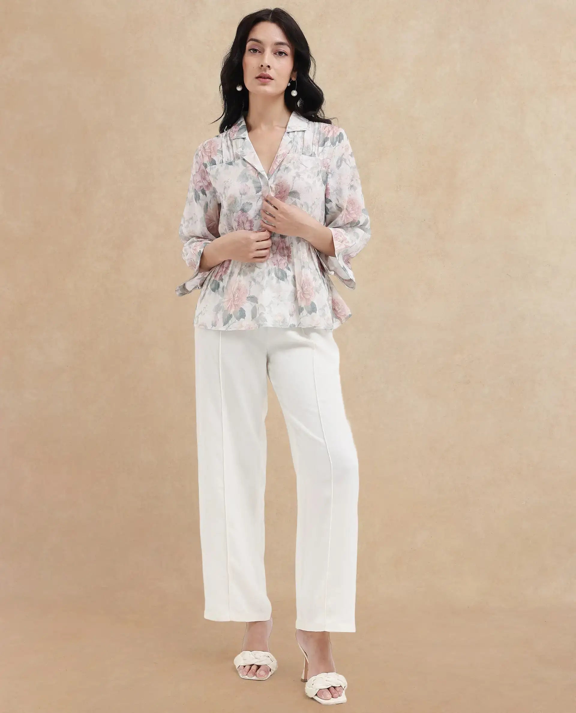 Rareism Women's Carrarao Light Multi Cotton Blend Lapel Neck Floral Print Regular Fit Top