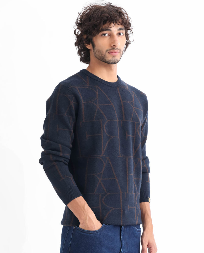 Rare Rabbit Mens Carrie Navy Sweater Viscose Polyester Nylon Fabric Crew Neck Knitted Full Sleeves Comfortable Fit