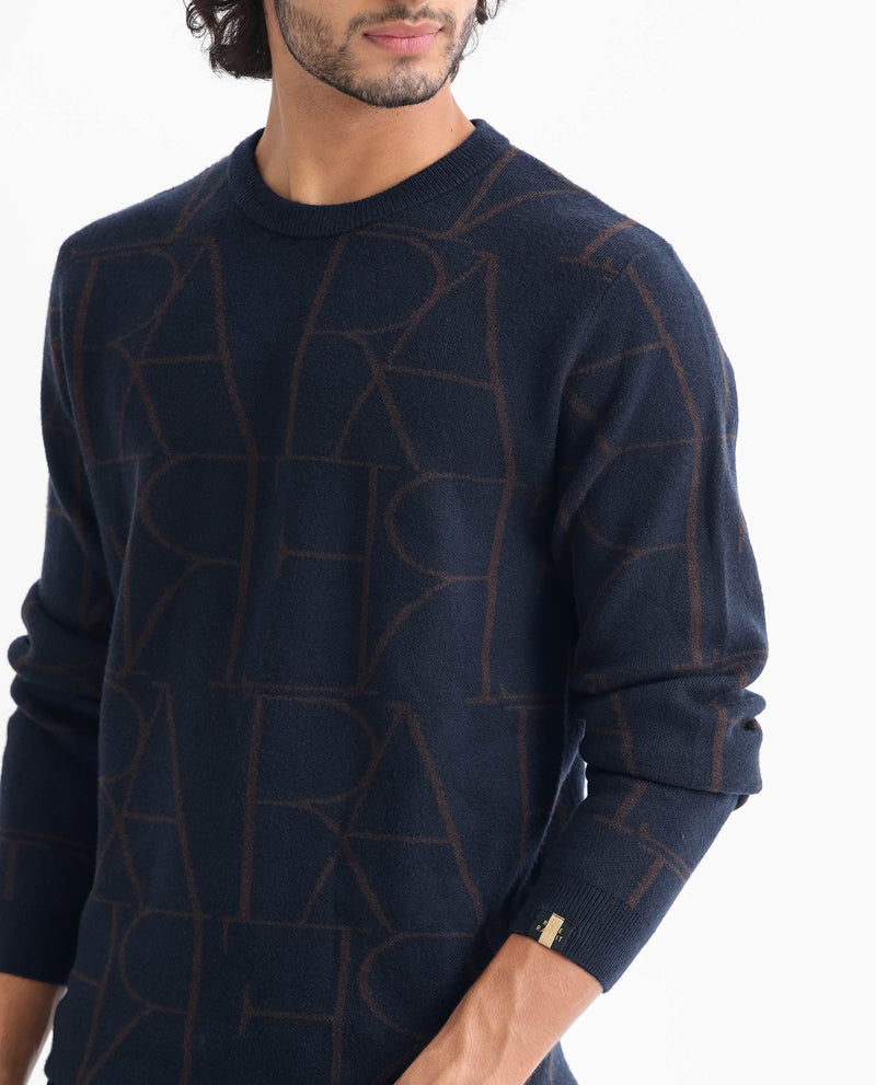 Rare Rabbit Mens Carrie Navy Sweater Viscose Polyester Nylon Fabric Crew Neck Knitted Full Sleeves Comfortable Fit