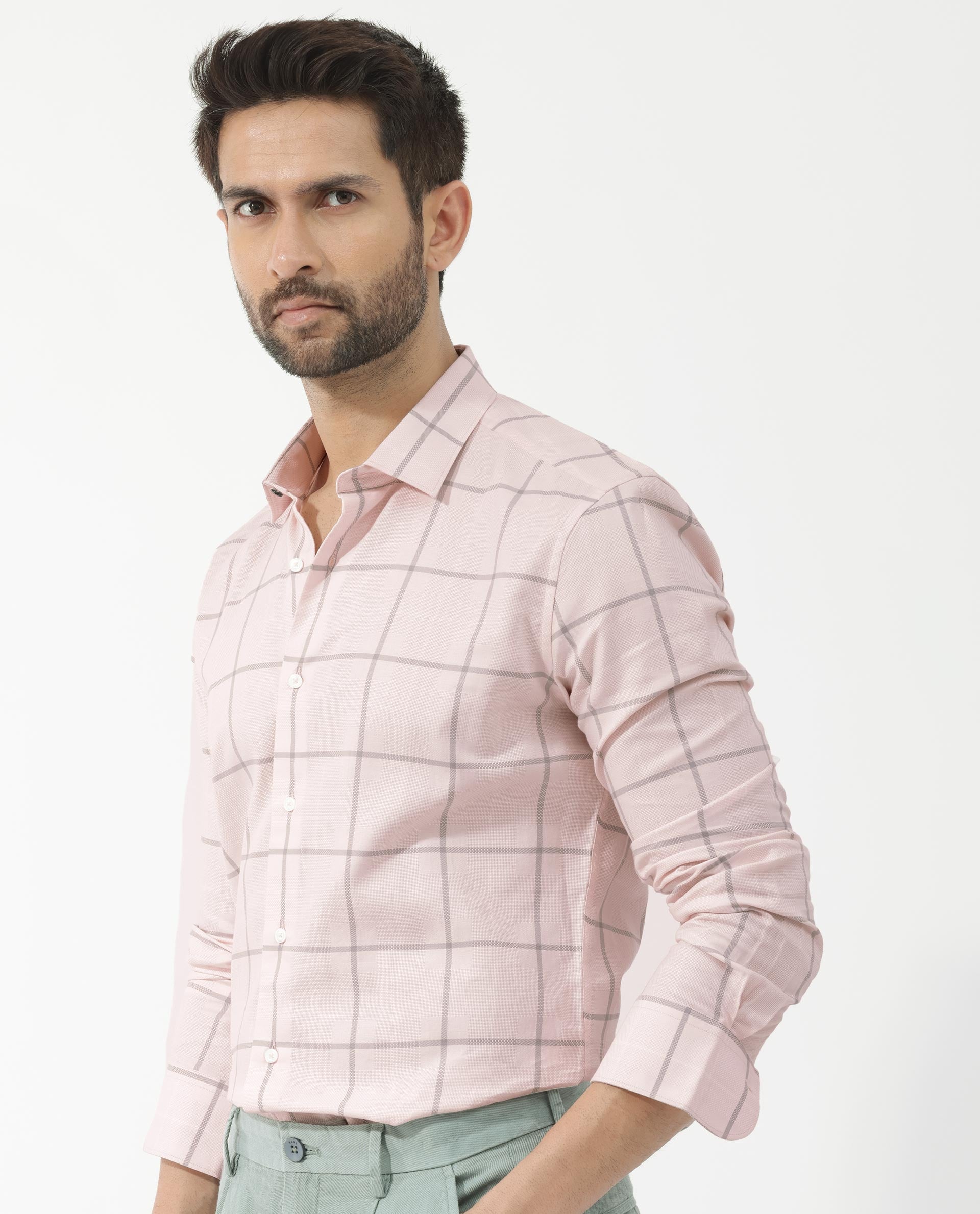 Rare Rabbit Men's Carrie Pastel Pink Cotton Full Sleeve Checks Shirt