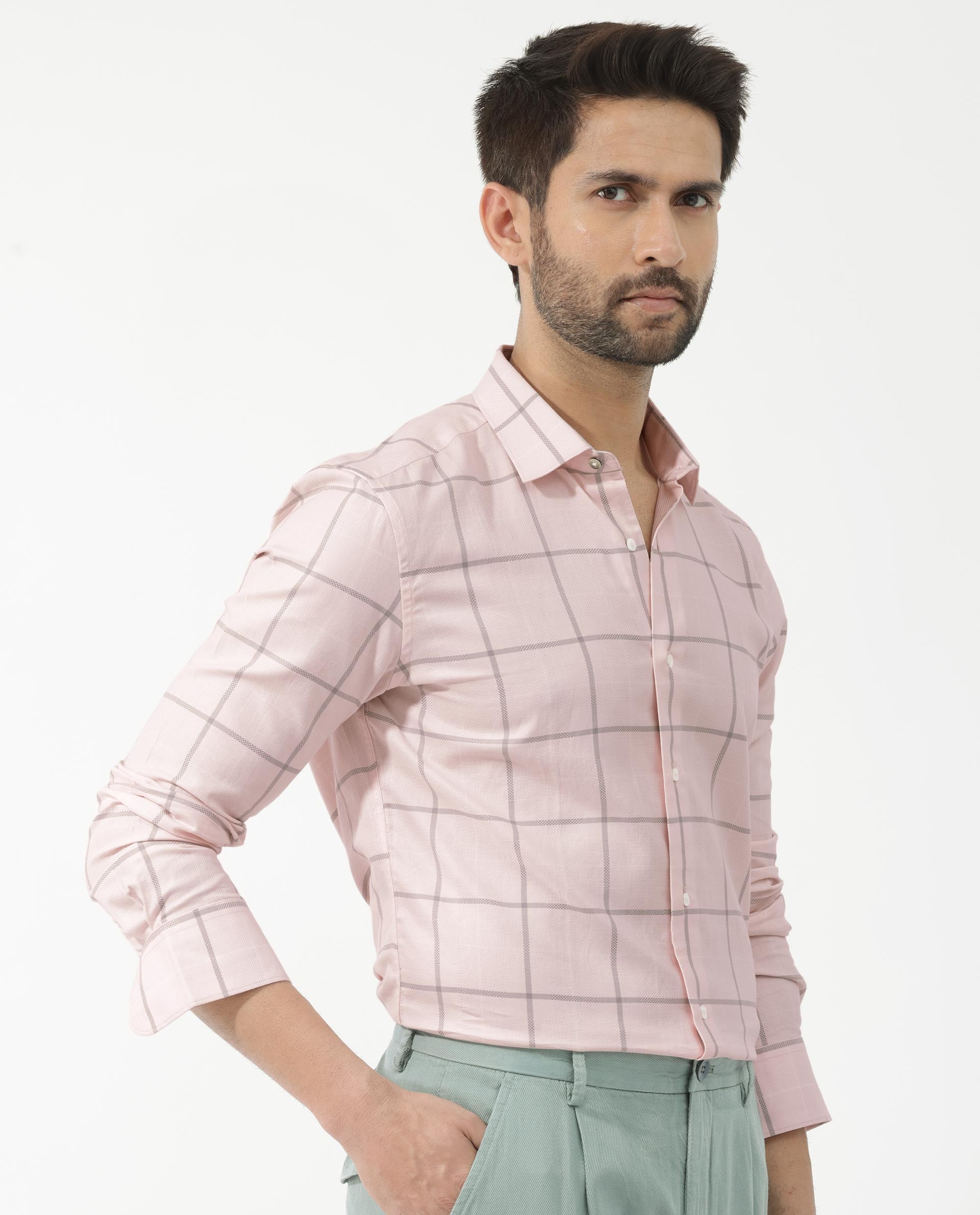 Rare Rabbit Men's Carrie Pastel Pink Cotton Full Sleeve Checks Shirt