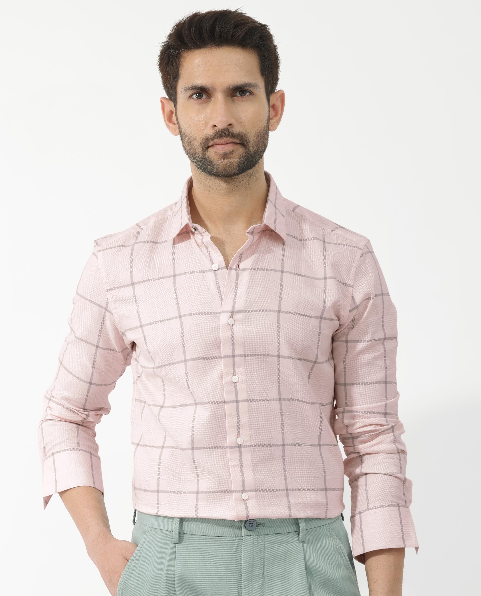 Rare Rabbit Men's Carrie Pastel Pink Cotton Full Sleeve Checks Shirt