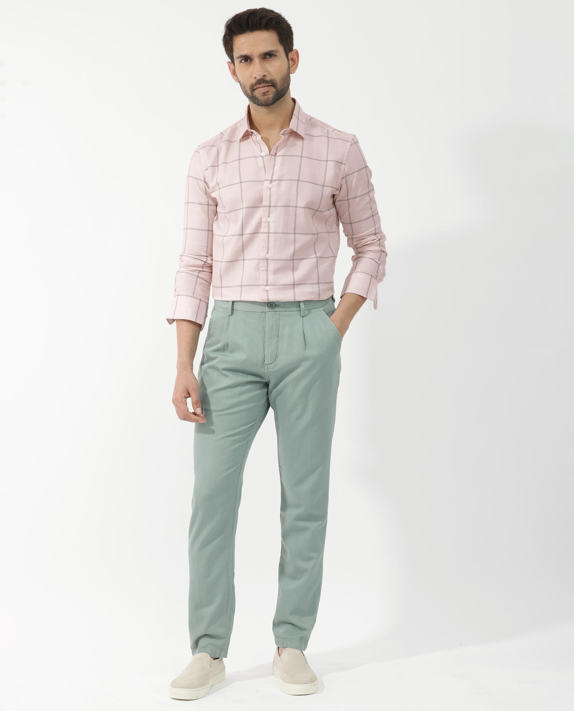 Rare Rabbit Men's Carrie Pastel Pink Cotton Full Sleeve Checks Shirt