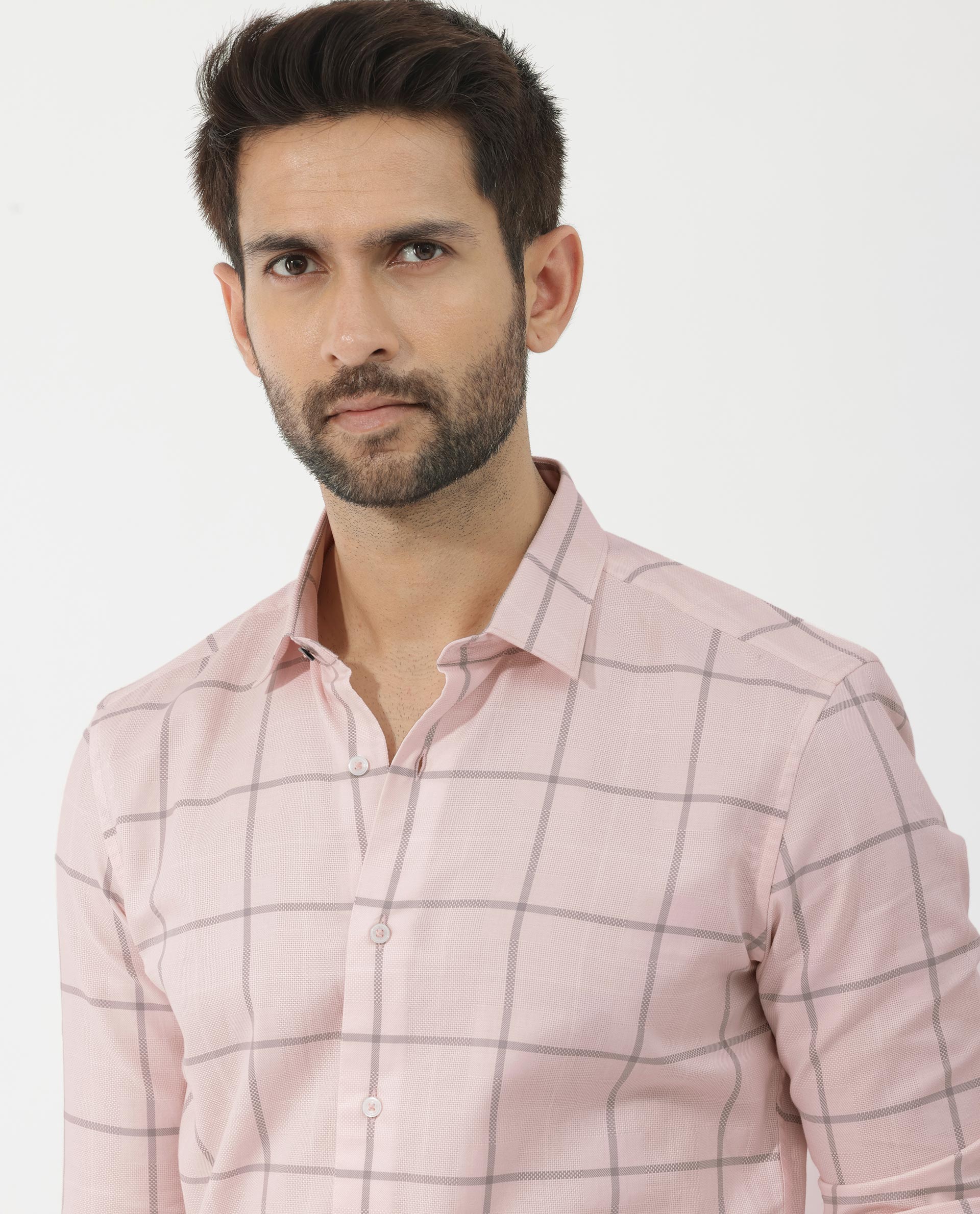 Rare Rabbit Men's Carrie Pastel Pink Cotton Full Sleeve Checks Shirt