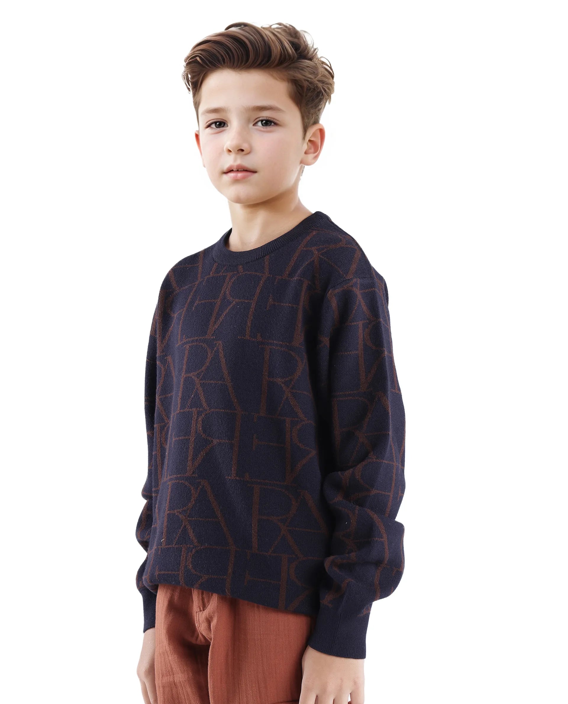 Rare Ones Kids Carrio Navy Full Sleeve Cotton Printed Regular Fit Sweater