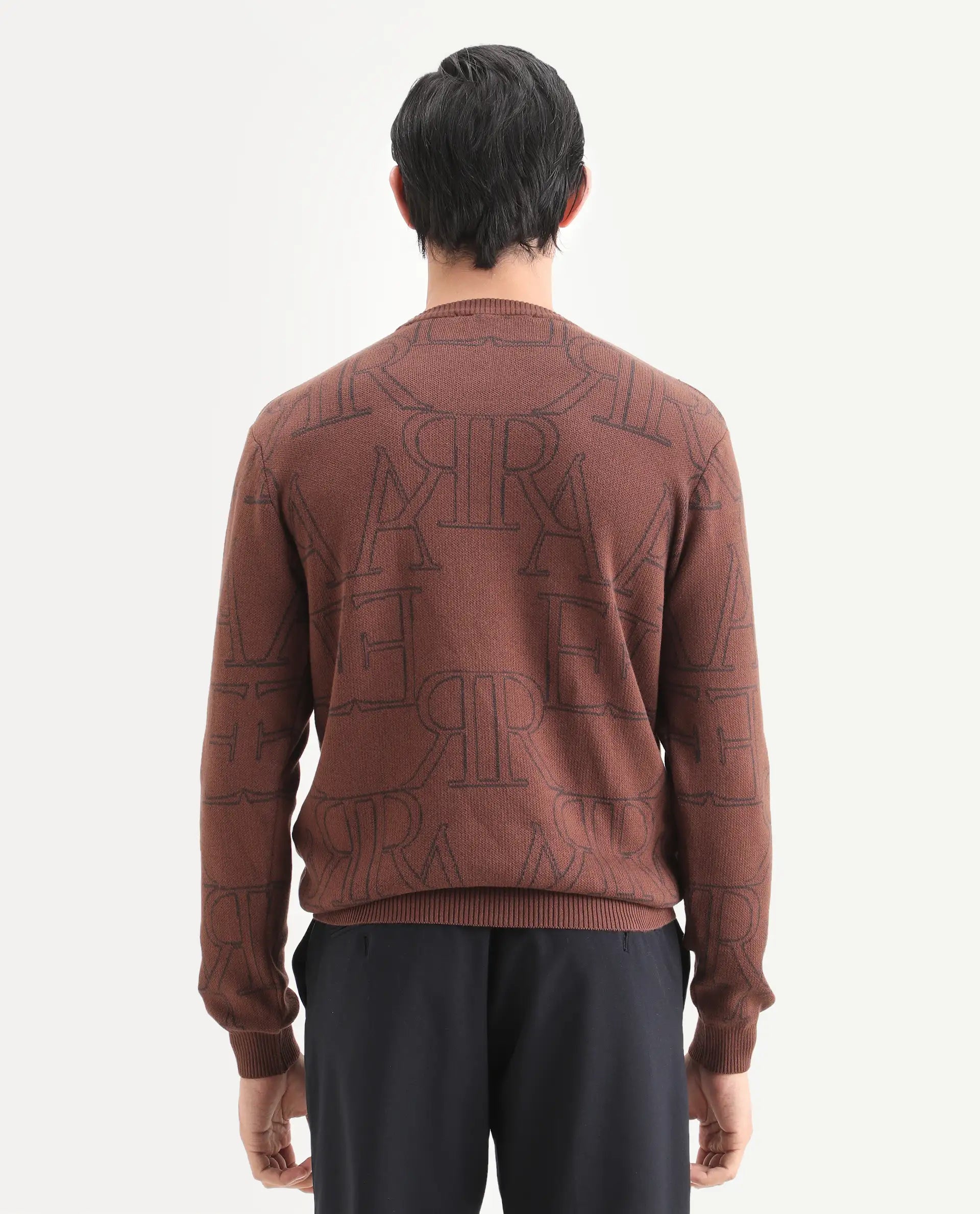 Rare Rabbit Men's Carrit Brown Cotton Monogram Print Regular Fit Full Sleeve Crew Neck Sweater