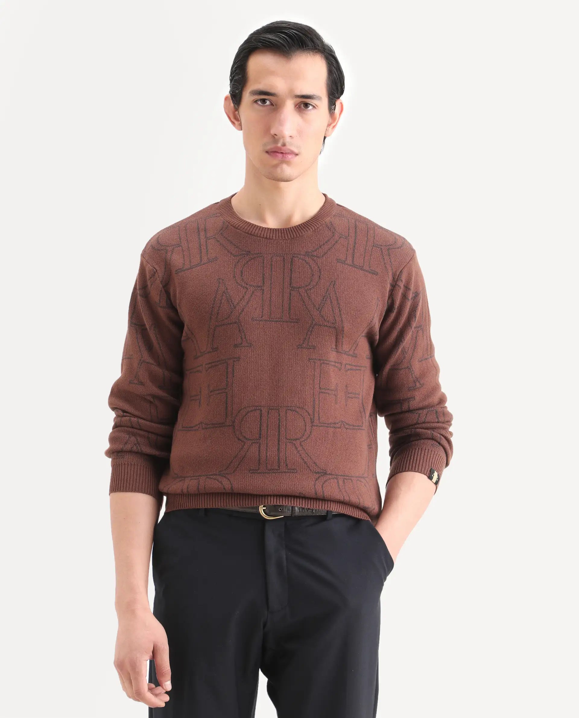 Rare Rabbit Men's Carrit Brown Cotton Monogram Print Regular Fit Full Sleeve Crew Neck Sweater