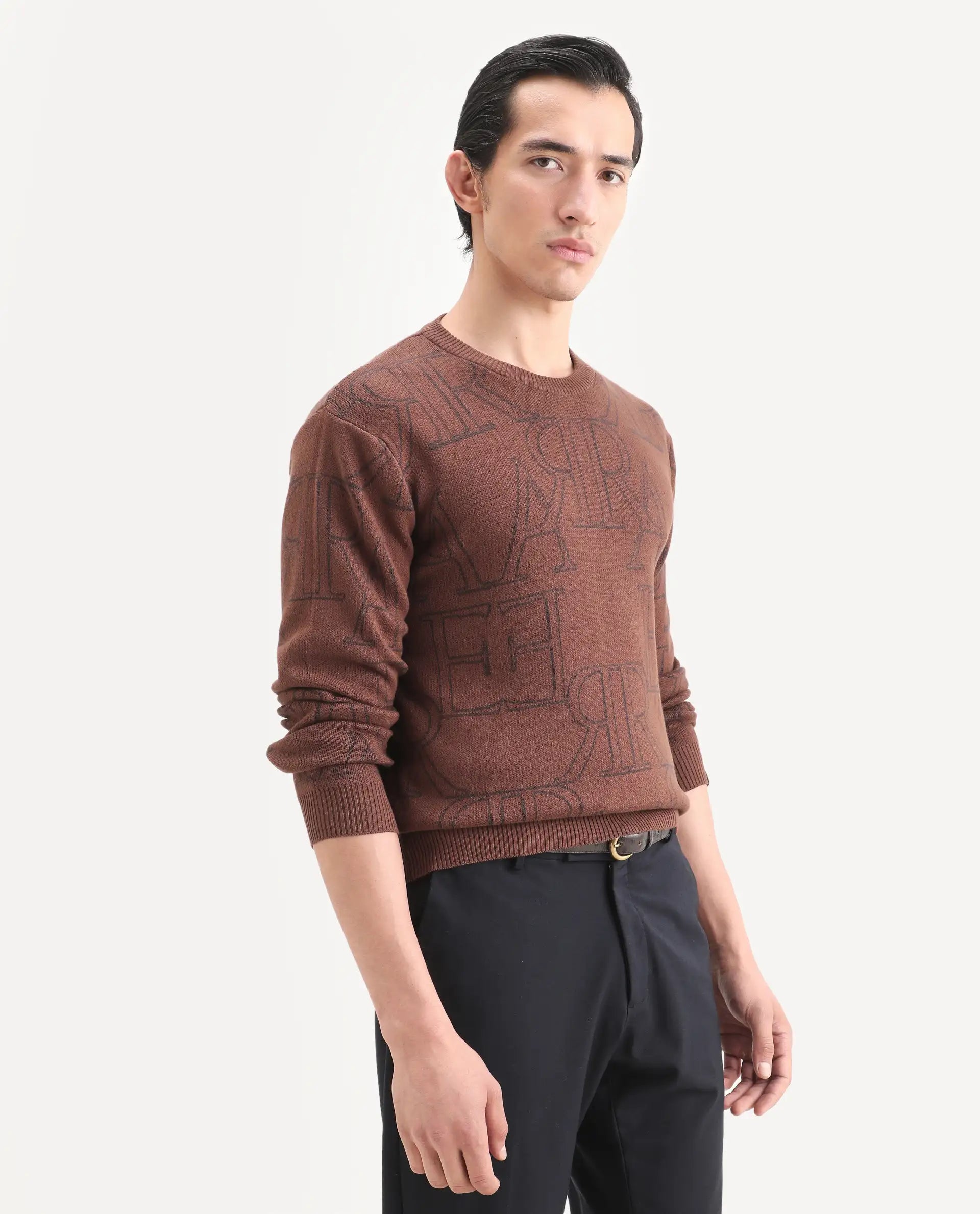 Rare Rabbit Men's Carrit Brown Cotton Monogram Print Regular Fit Full Sleeve Crew Neck Sweater