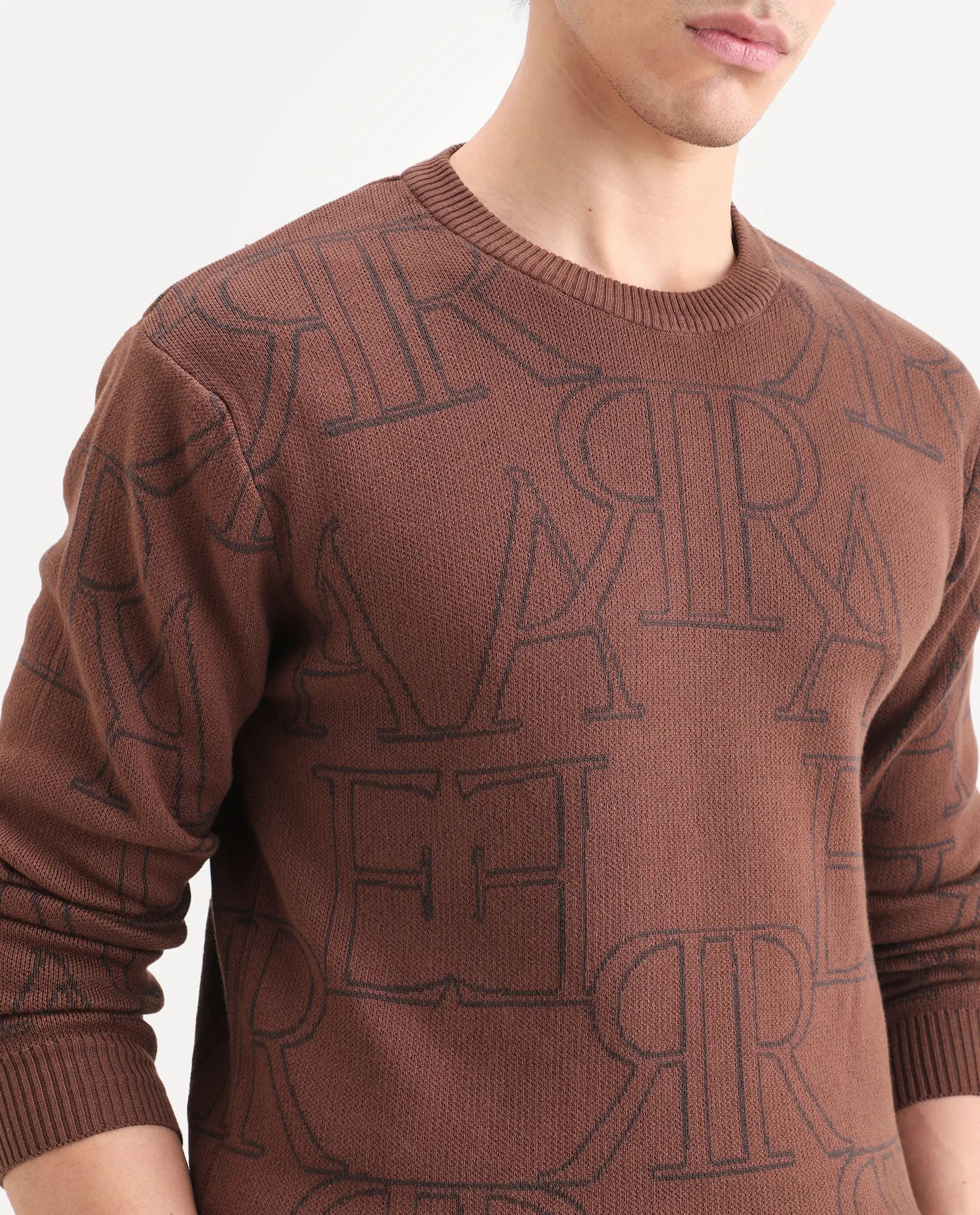 Rare Rabbit Men's Carrit Brown Cotton Monogram Print Regular Fit Full Sleeve Crew Neck Sweater