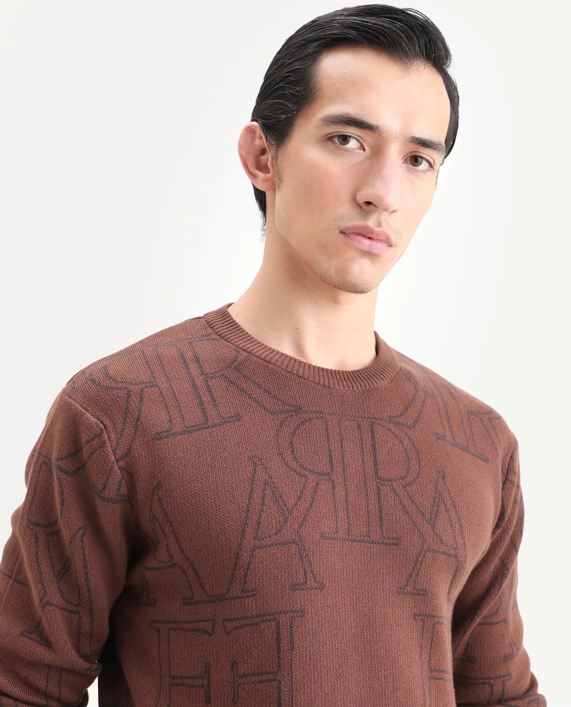 Rare Rabbit Men's Carrit Brown Cotton Monogram Print Regular Fit Full Sleeve Crew Neck Sweater