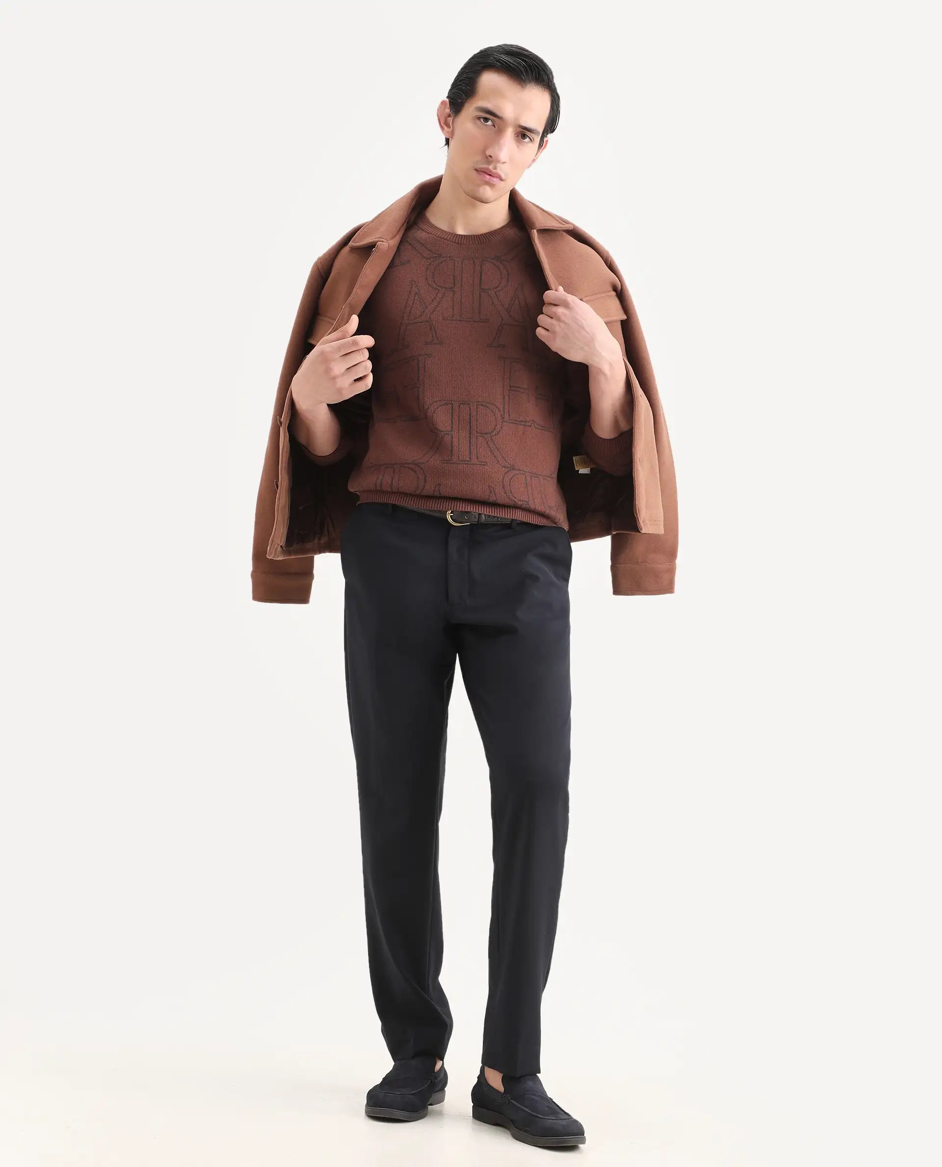 Rare Rabbit Men's Carrit Brown Cotton Monogram Print Regular Fit Full Sleeve Crew Neck Sweater