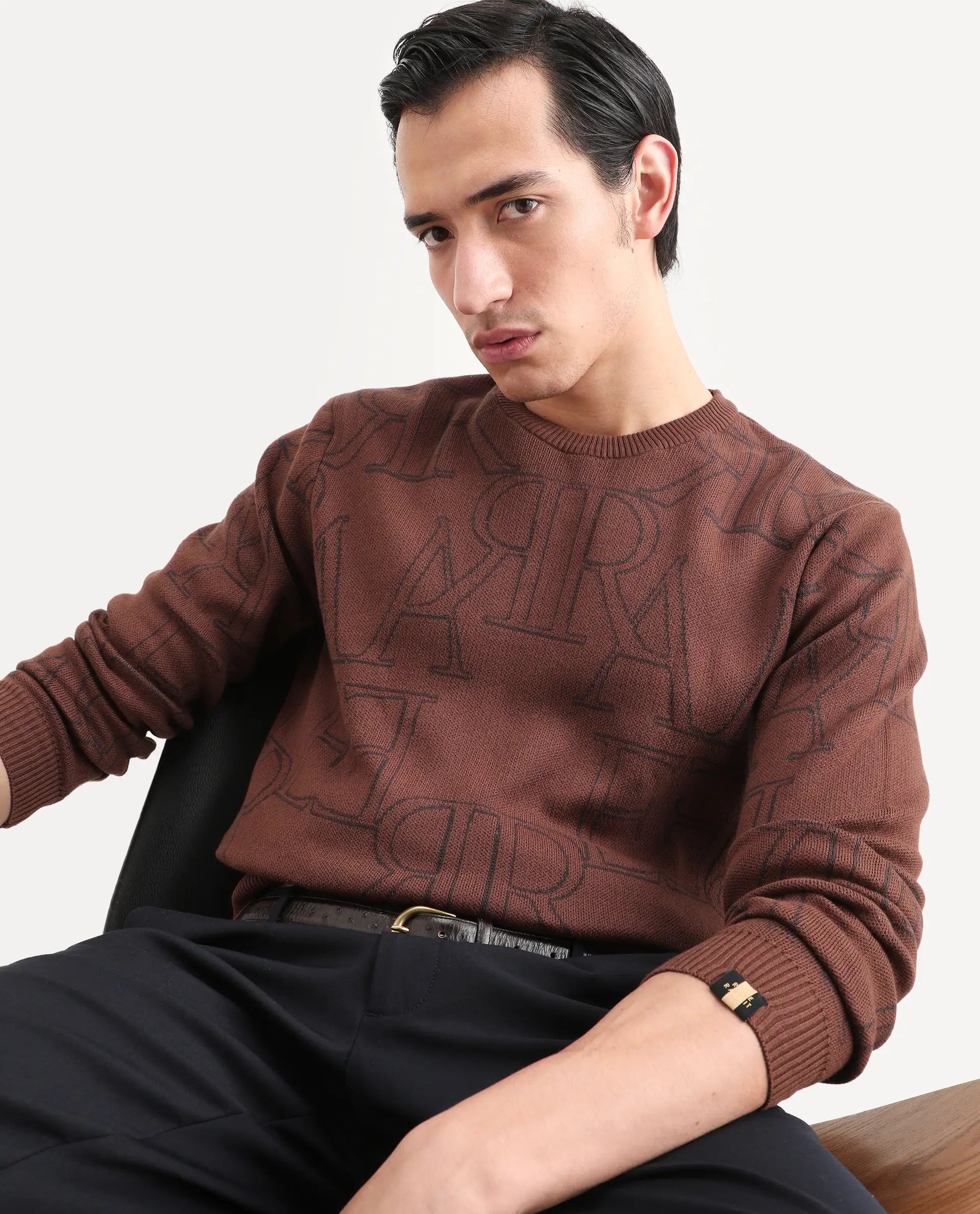 Rare Rabbit Men's Carrit Brown Cotton Monogram Print Regular Fit Full Sleeve Crew Neck Sweater