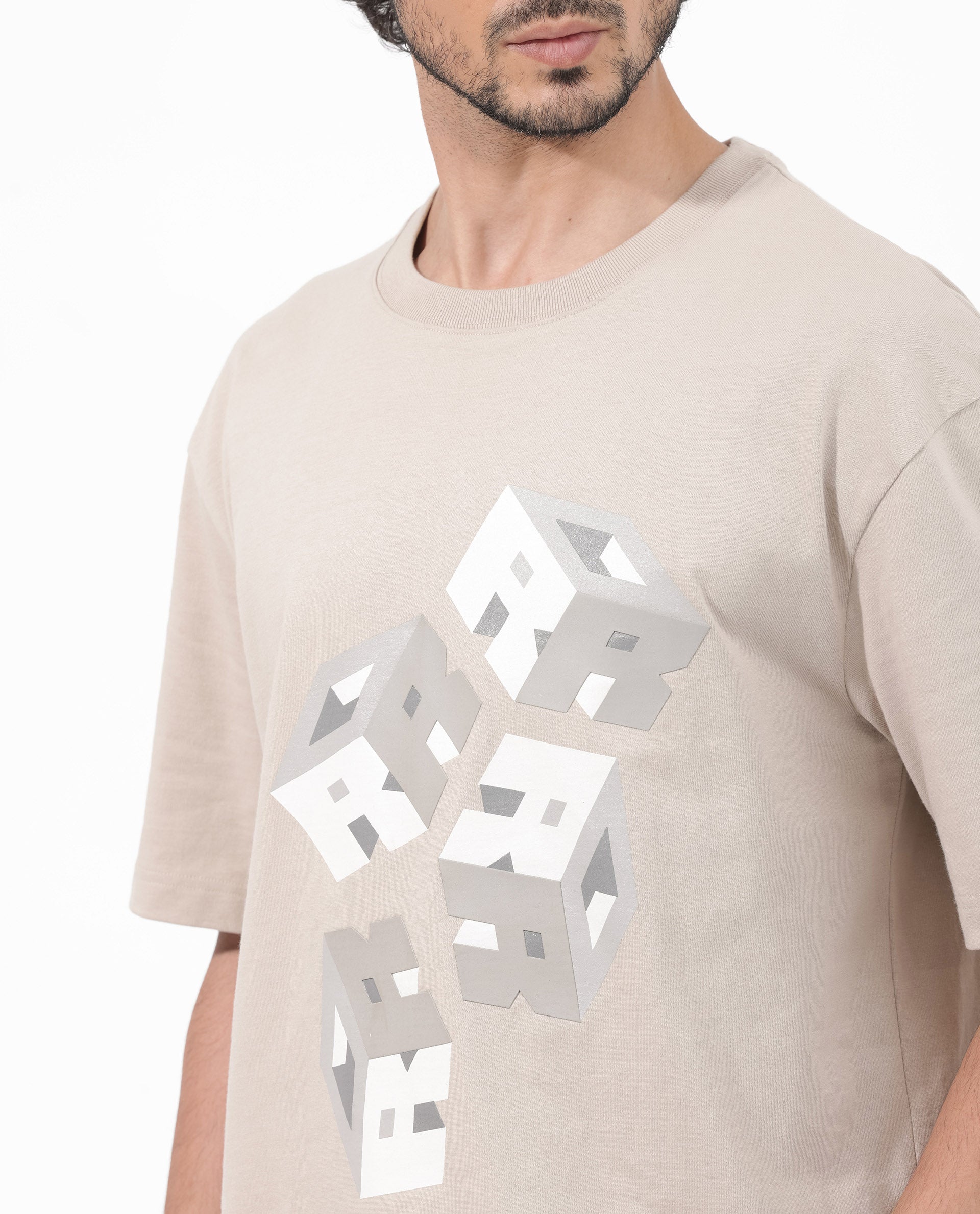 Rare Rabbit Articale Mens Carter Dusky Beige Cotton Fabric Short Sleeve Crew Neck Boxy Fit Printed T-Shirt