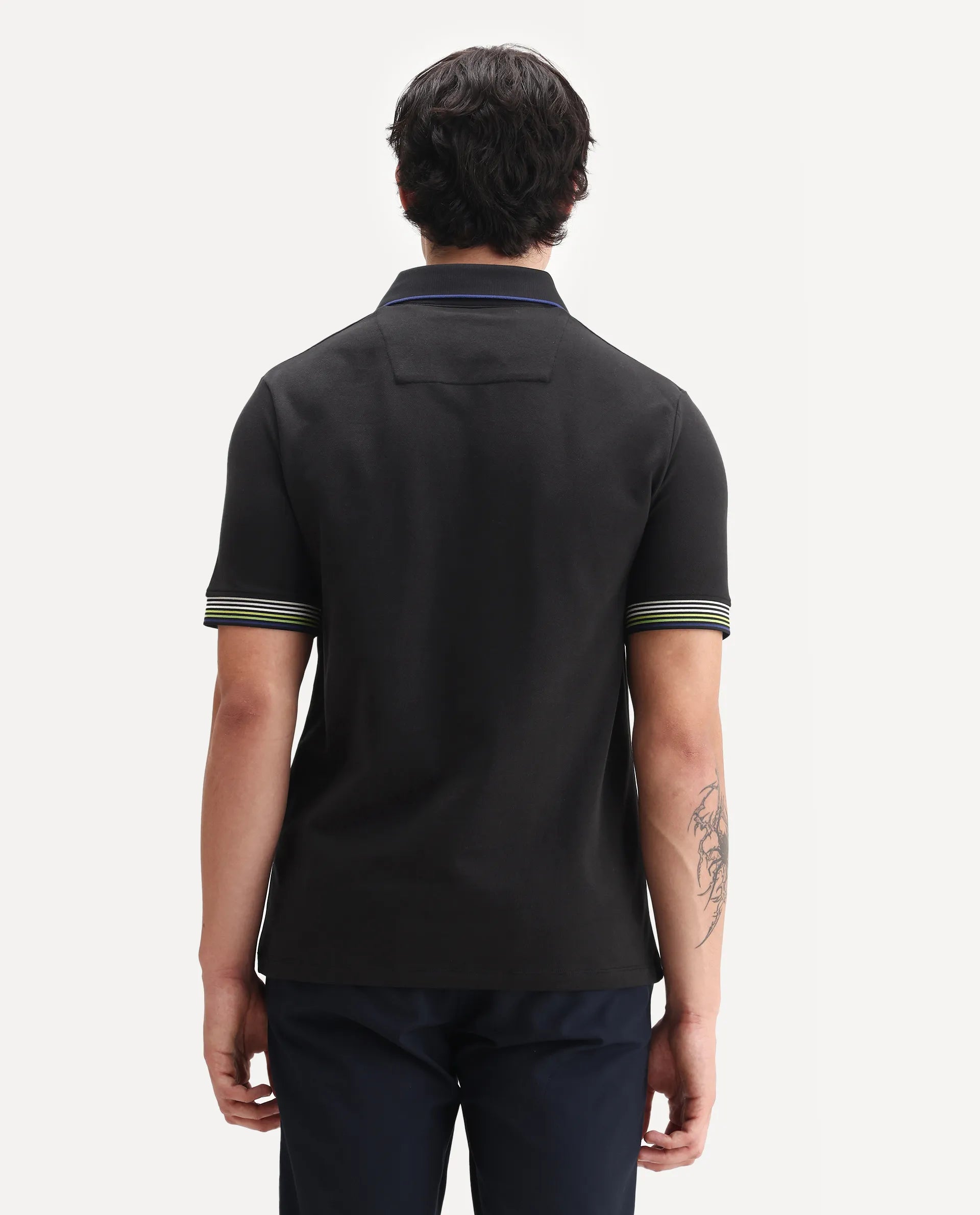 Rare Rabbit Men's Carter Black Cotton Plain Regular Fit Half Sleeve Polo