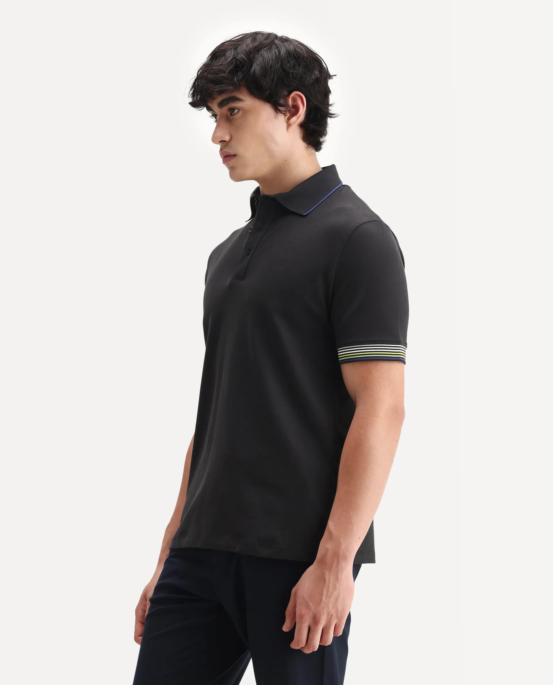 Rare Rabbit Men's Carter Black Cotton Plain Regular Fit Half Sleeve Polo