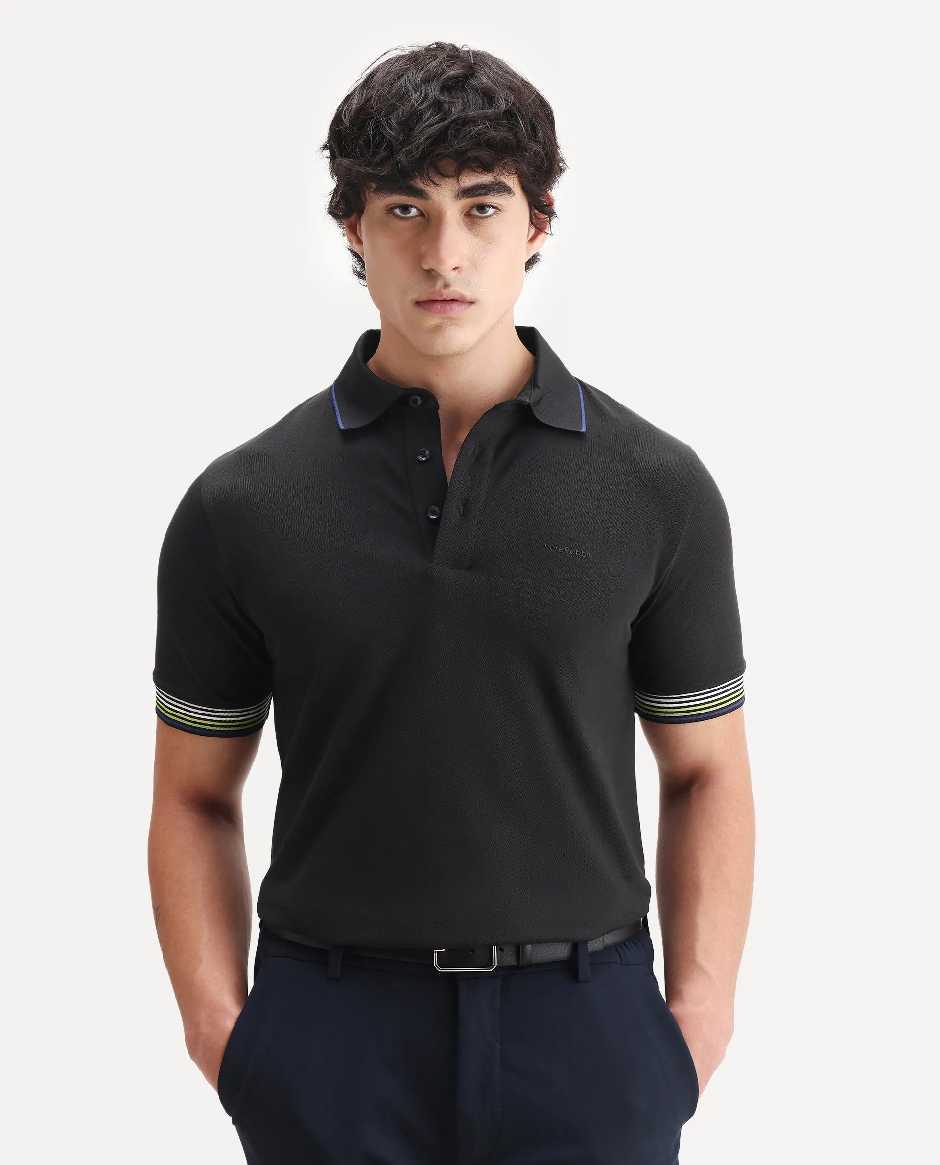 Rare Rabbit Men's Carter Black Cotton Plain Regular Fit Half Sleeve Polo