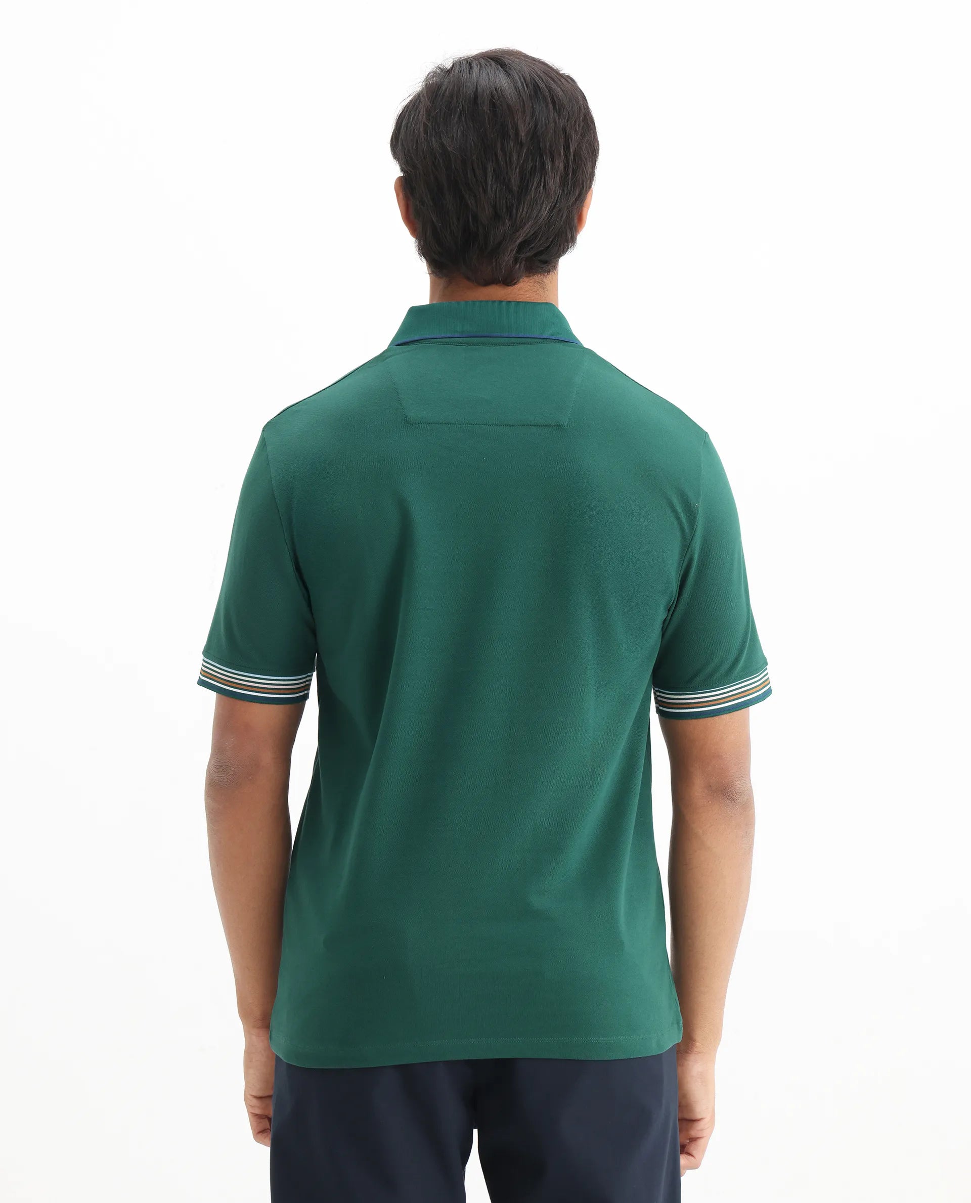 Rare Rabbit Men's Carter Dark Green Cotton Plain Regular Fit Half Sleeve Polo