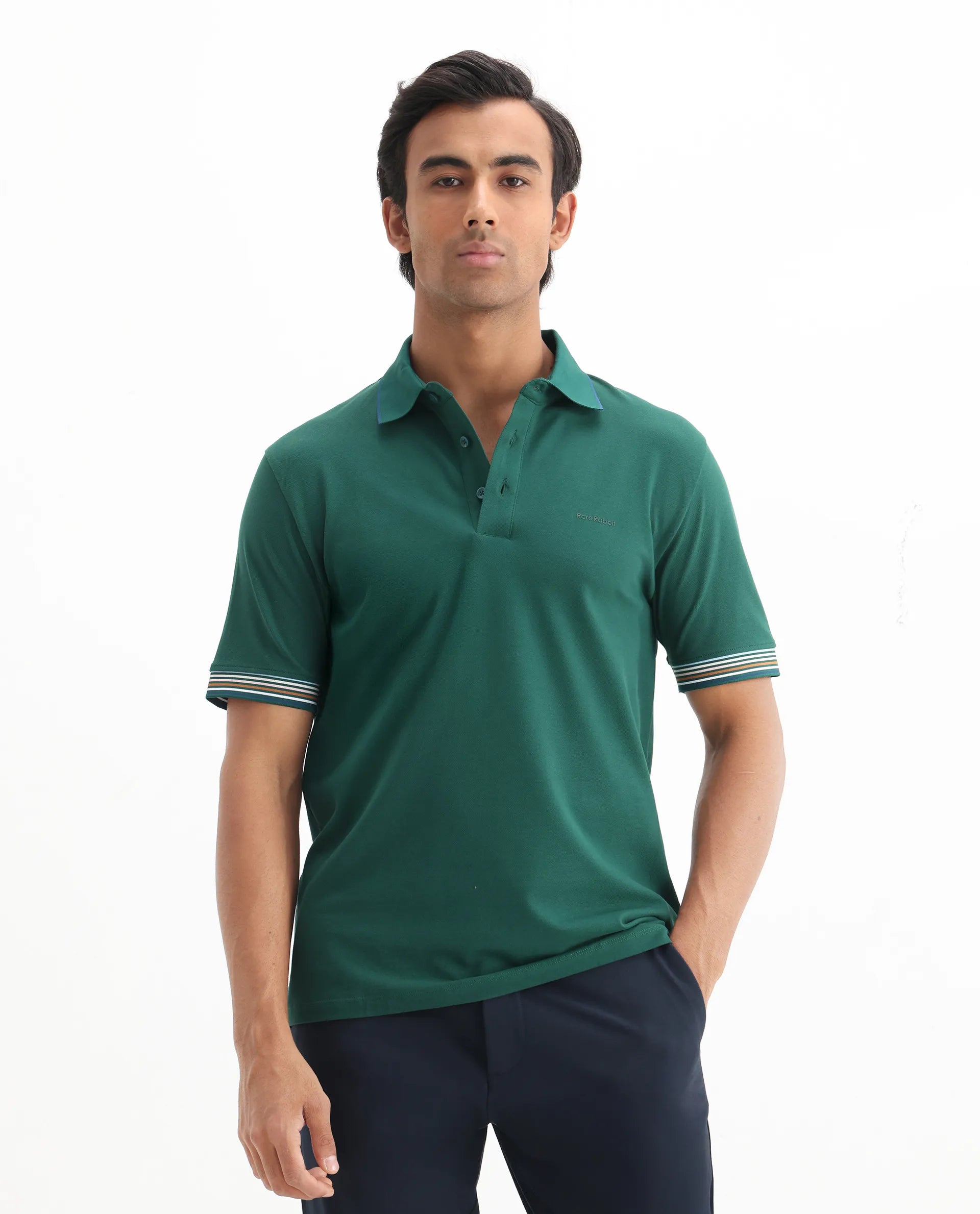 Rare Rabbit Men's Carter Dark Green Cotton Plain Regular Fit Half Sleeve Polo