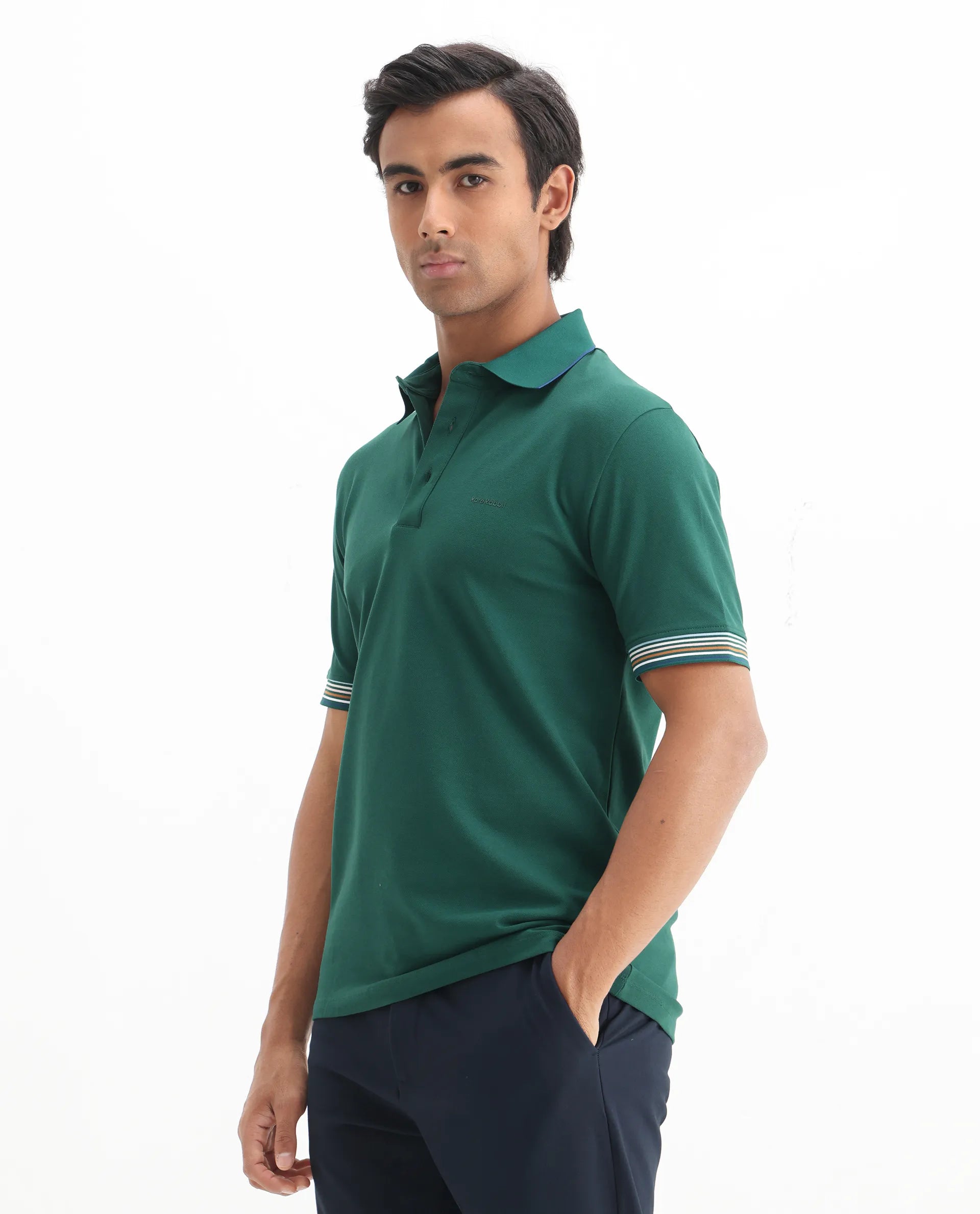 Rare Rabbit Men's Carter Dark Green Cotton Plain Regular Fit Half Sleeve Polo