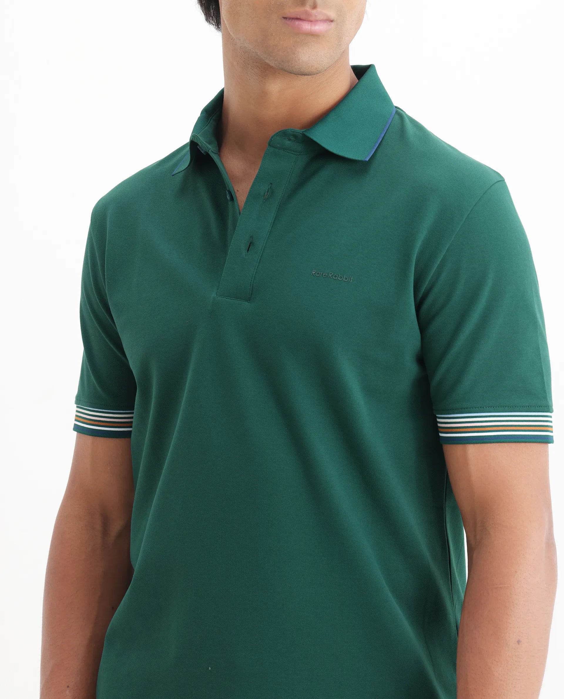 Rare Rabbit Men's Carter Dark Green Cotton Plain Regular Fit Half Sleeve Polo