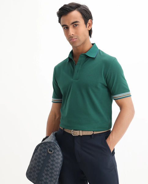 Rare Rabbit Men's Carter Dark Green Cotton Plain Regular Fit Half Slee