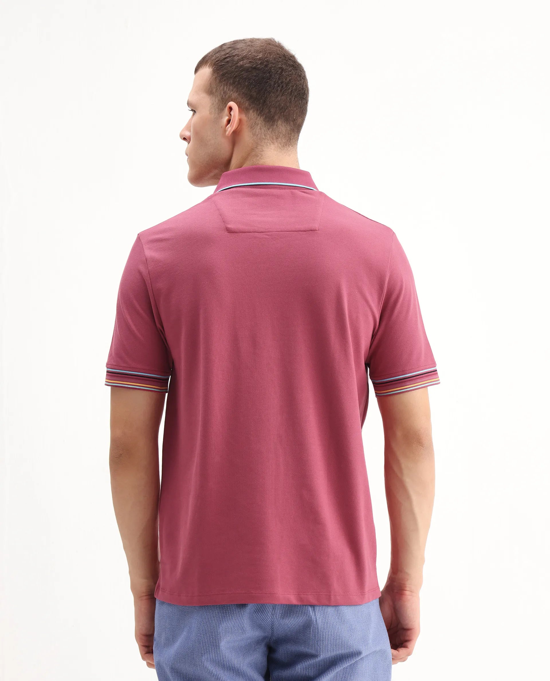 Rare Rabbit Men's Carter Pink Cotton Plain Regular Fit Half Sleeve Polo