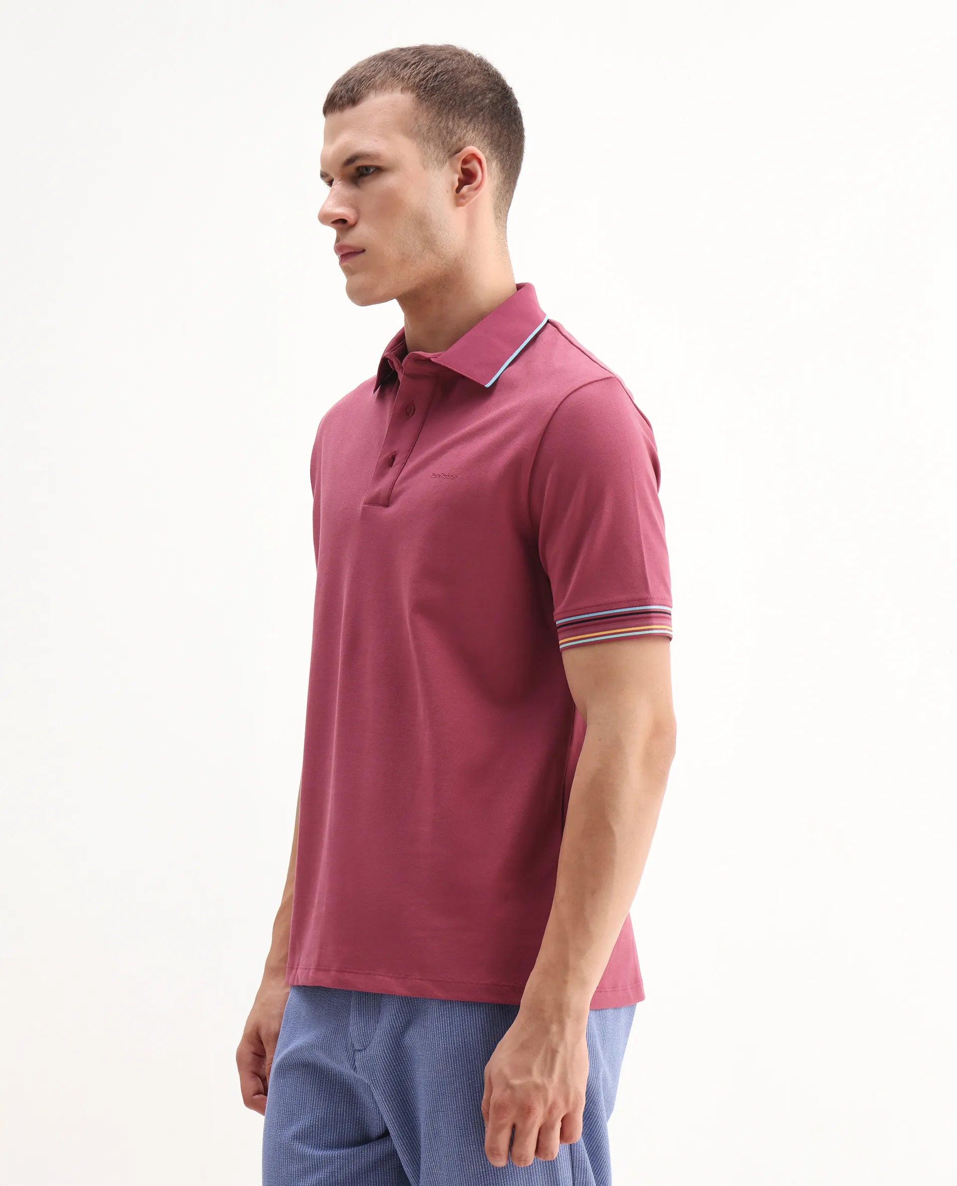 Rare Rabbit Men's Carter Pink Cotton Plain Regular Fit Half Sleeve Polo