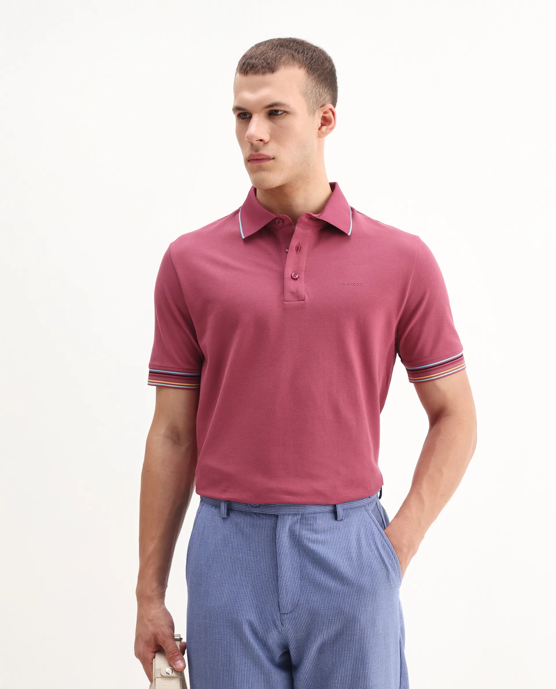 Rare Rabbit Men's Carter Pink Cotton Plain Regular Fit Half Sleeve Polo