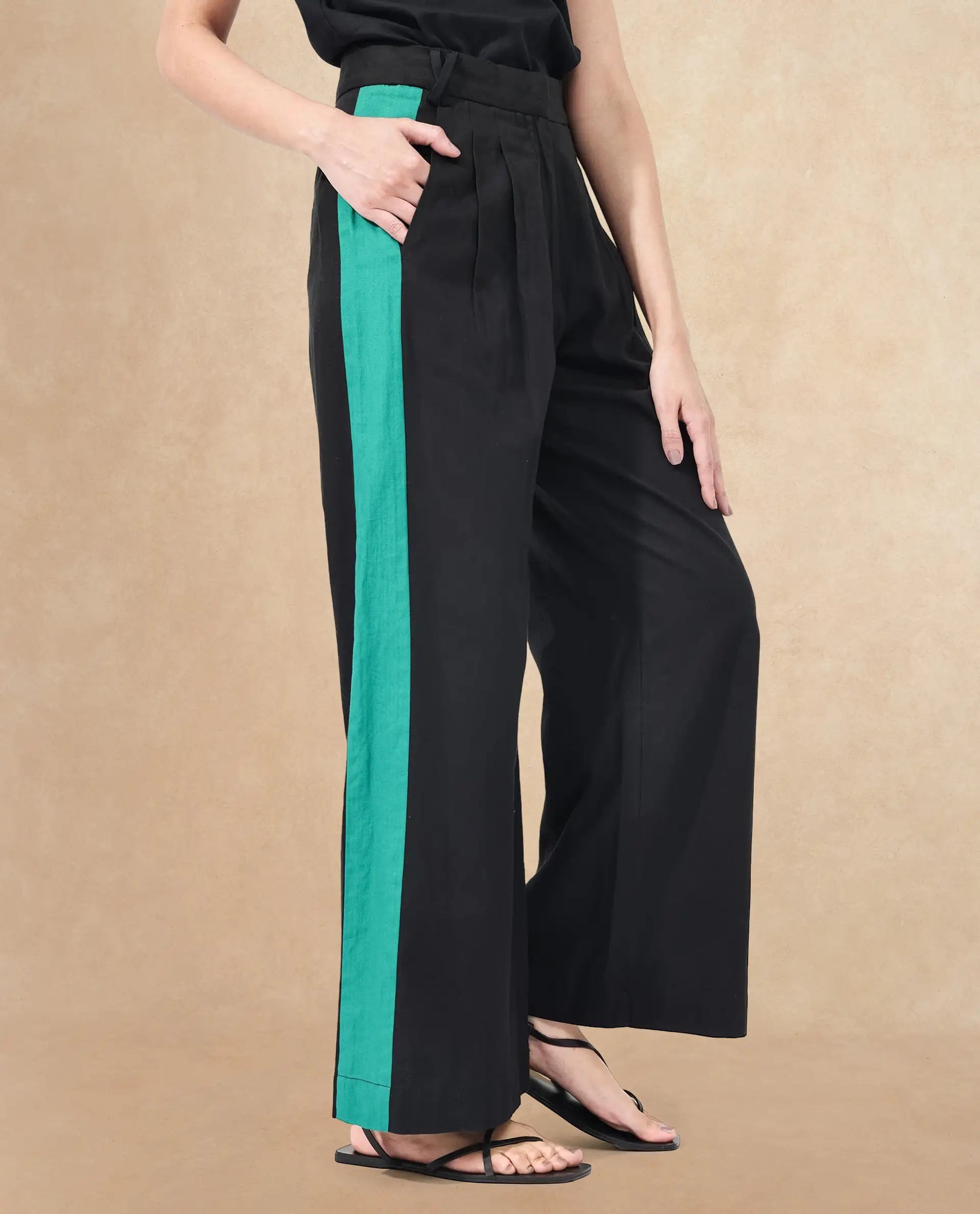 Rareism Women Caruana-B Black Cotton Fabric Co-Ord Color Block Trouser