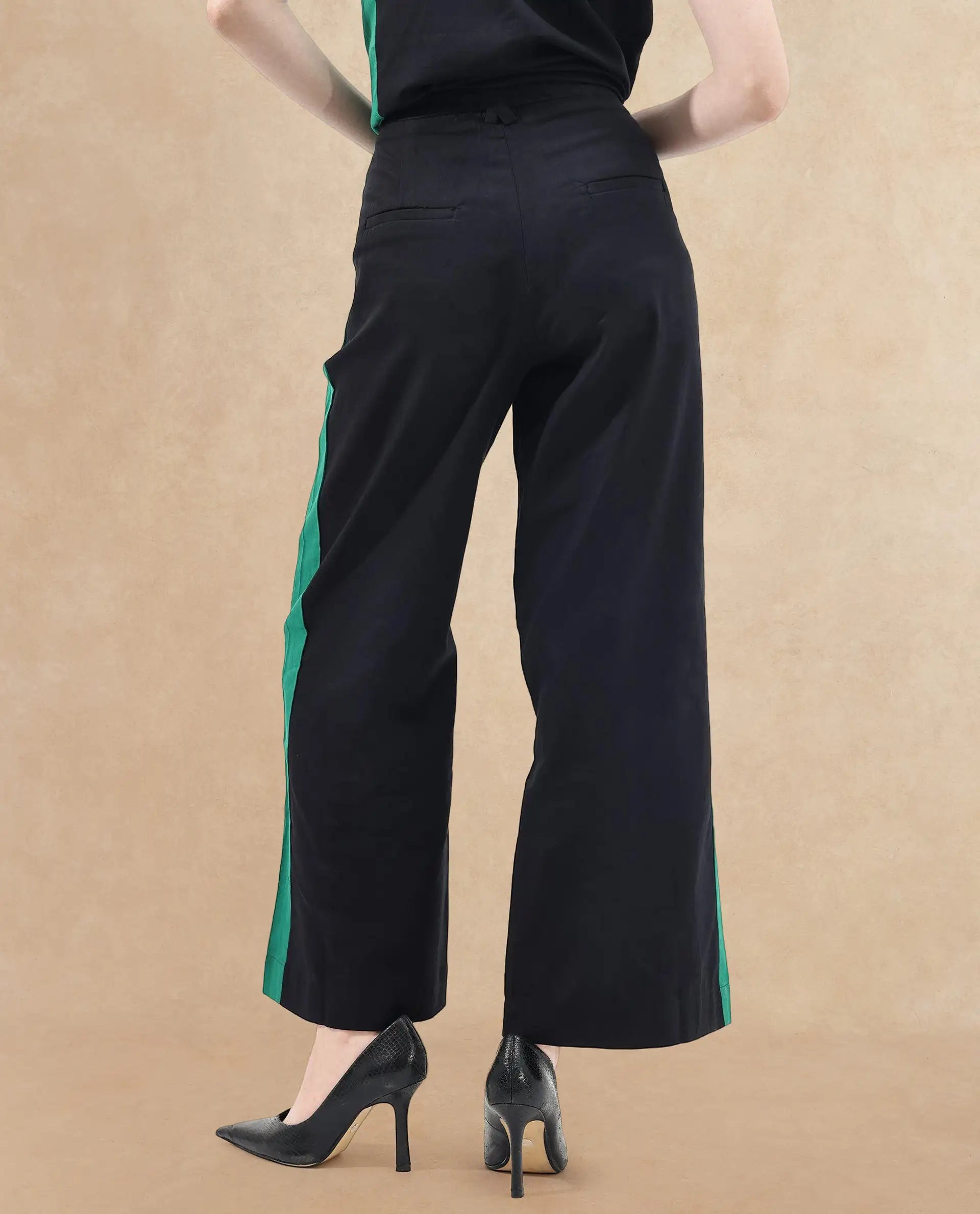 Rareism Women Caruana-B Black Cotton Fabric Co-Ord Color Block Trouser