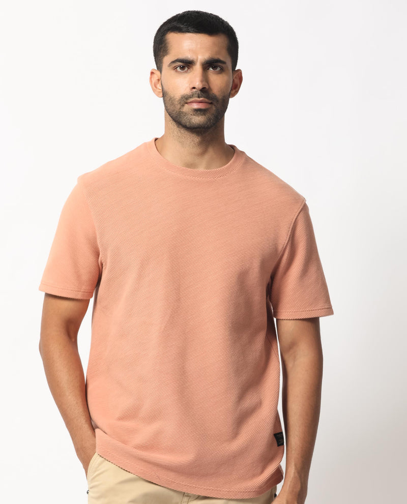Rare Rabbit Men's Cas Light Peach Crew Neck Ottoman Textured Drop Shoulder Half Sleeves T-Shirt