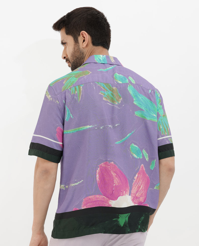 Rare Rabbit Mens Casa Purple Viscose Fabric Cuban Collar Full Sleeves Floral Print Shirt