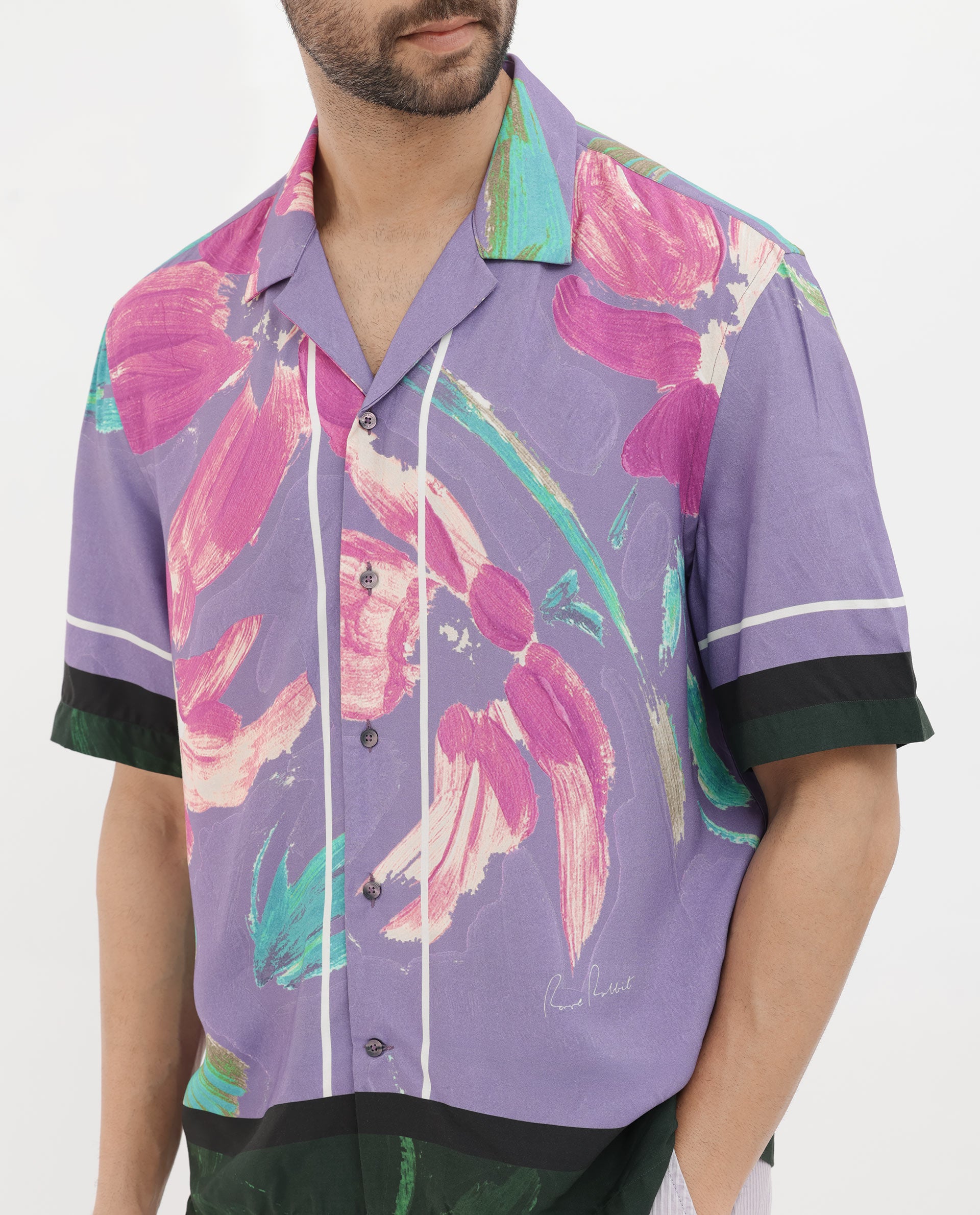 Rare Rabbit Mens Casa Purple Viscose Fabric Cuban Collar Half Sleeves Boxy Fit Floral Print Shirt