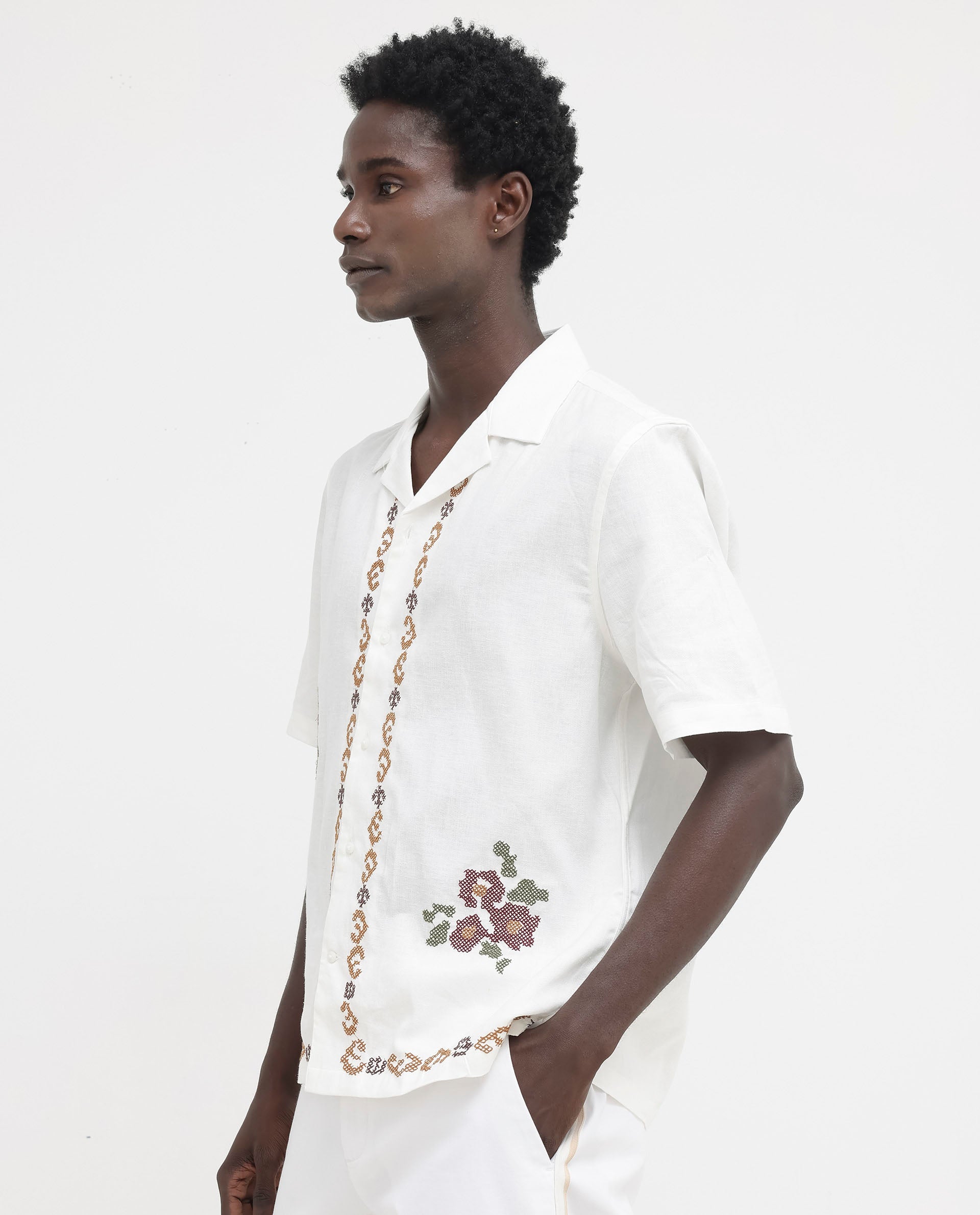 Rare Rabbit Mens Casabo Off White Cuban Collar Linen Blend Short Sleeve Boxy Fit Floral Print Shirt