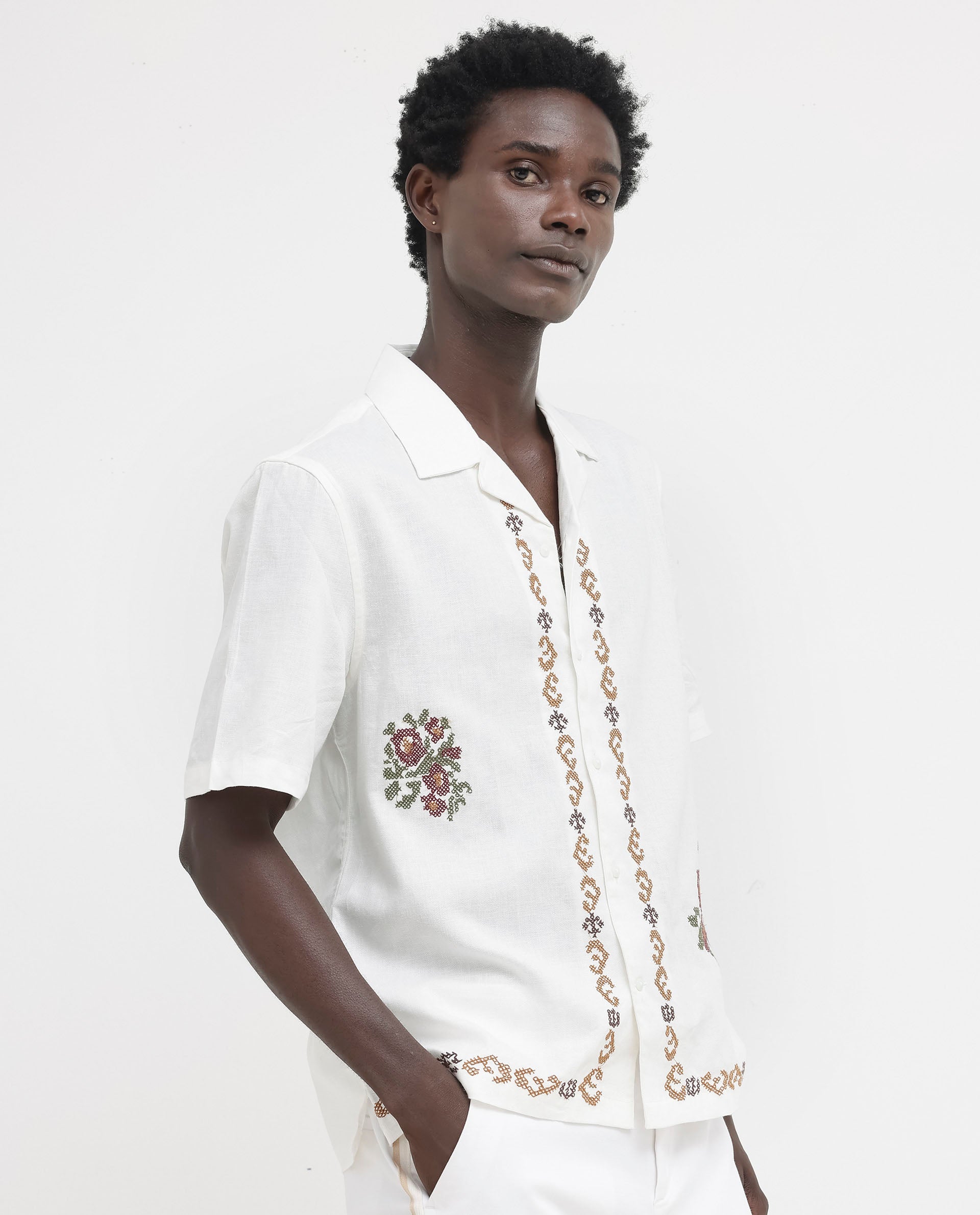 Rare Rabbit Mens Casabo Off White Cuban Collar Linen Blend Short Sleeve Boxy Fit Floral Print Shirt