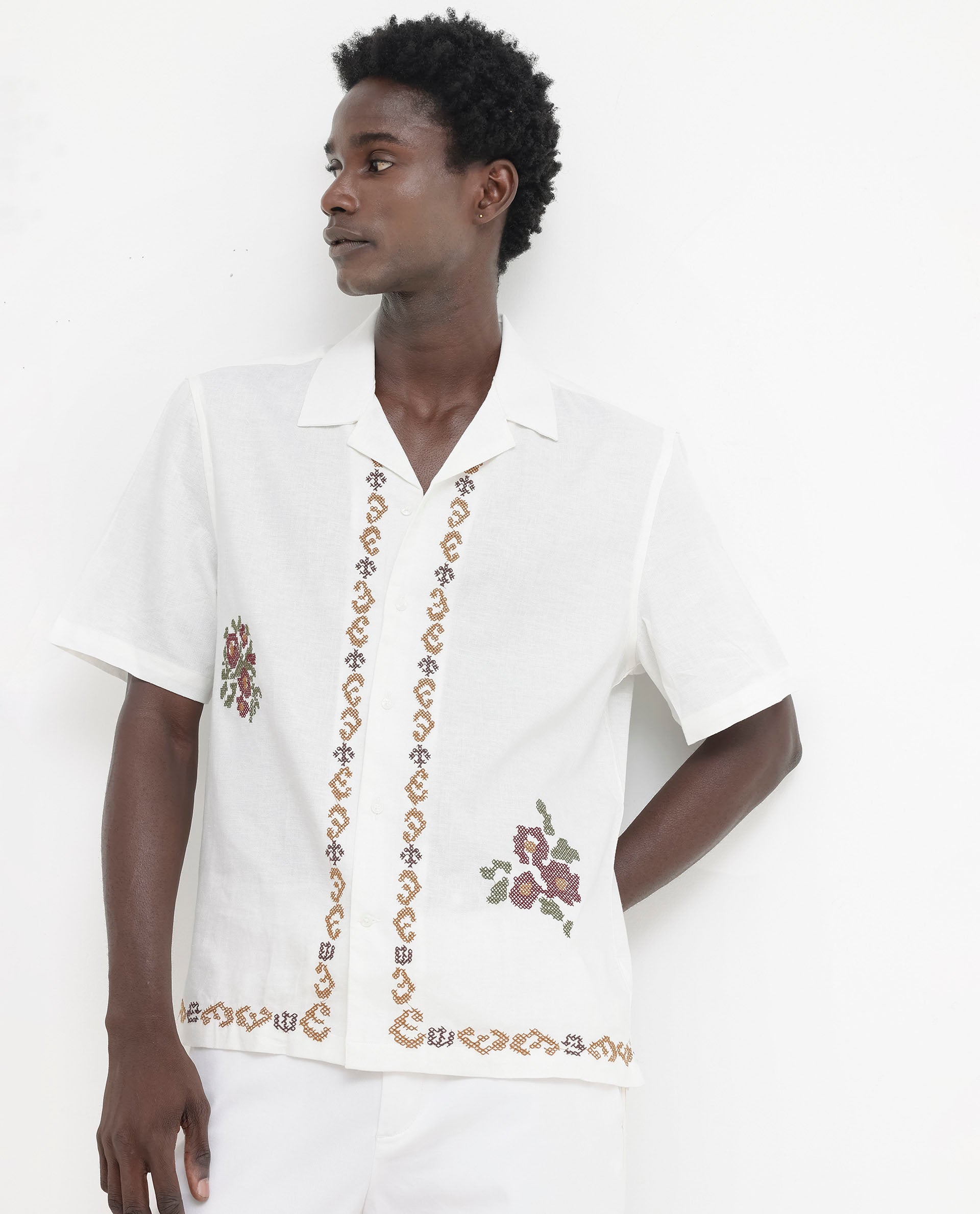 Rare Rabbit Mens Casabo Off White Cuban Collar Linen Blend Short Sleeve Boxy Fit Floral Print Shirt