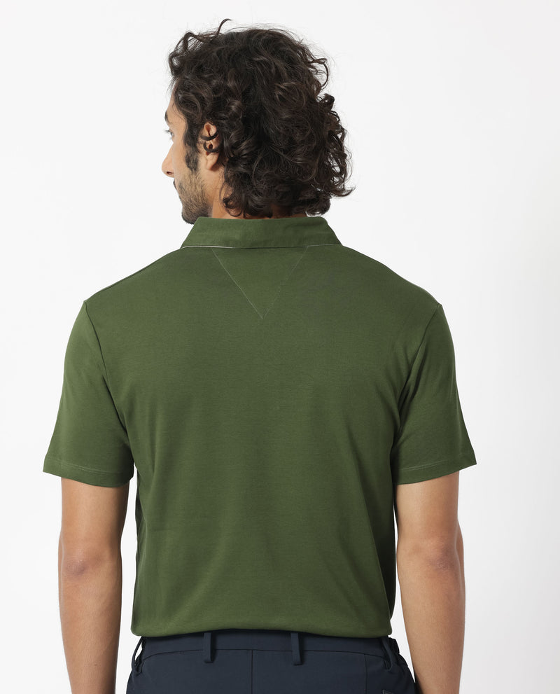 Rare Rabbit Men's Casca Dark Olive Cotton Fabric Collared Neck Half Sleeves Polo T-Shirt