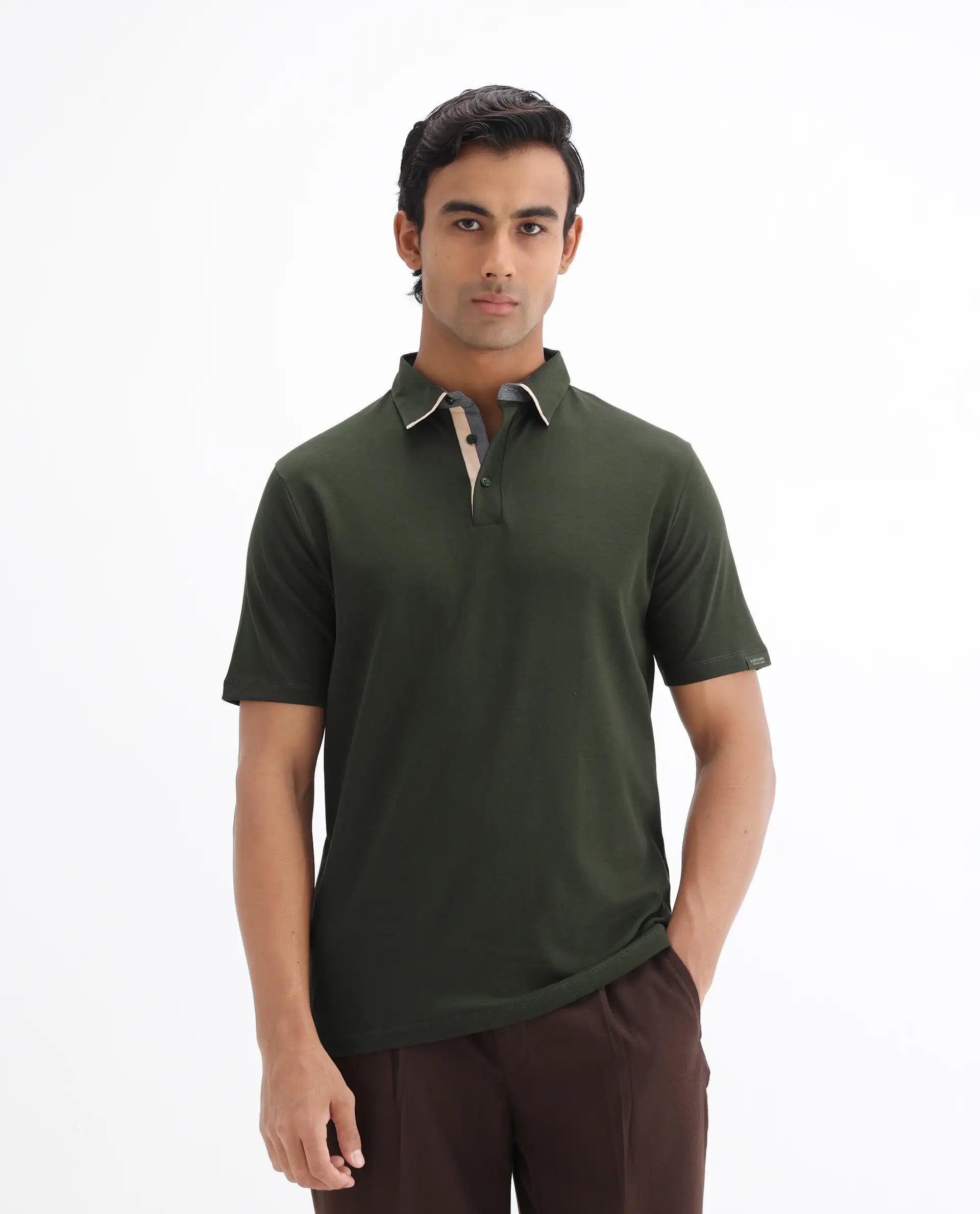 Rare Rabbit Men's Casca Dark Olive Cotton Plain Regular Fit Half Sleeve Polo