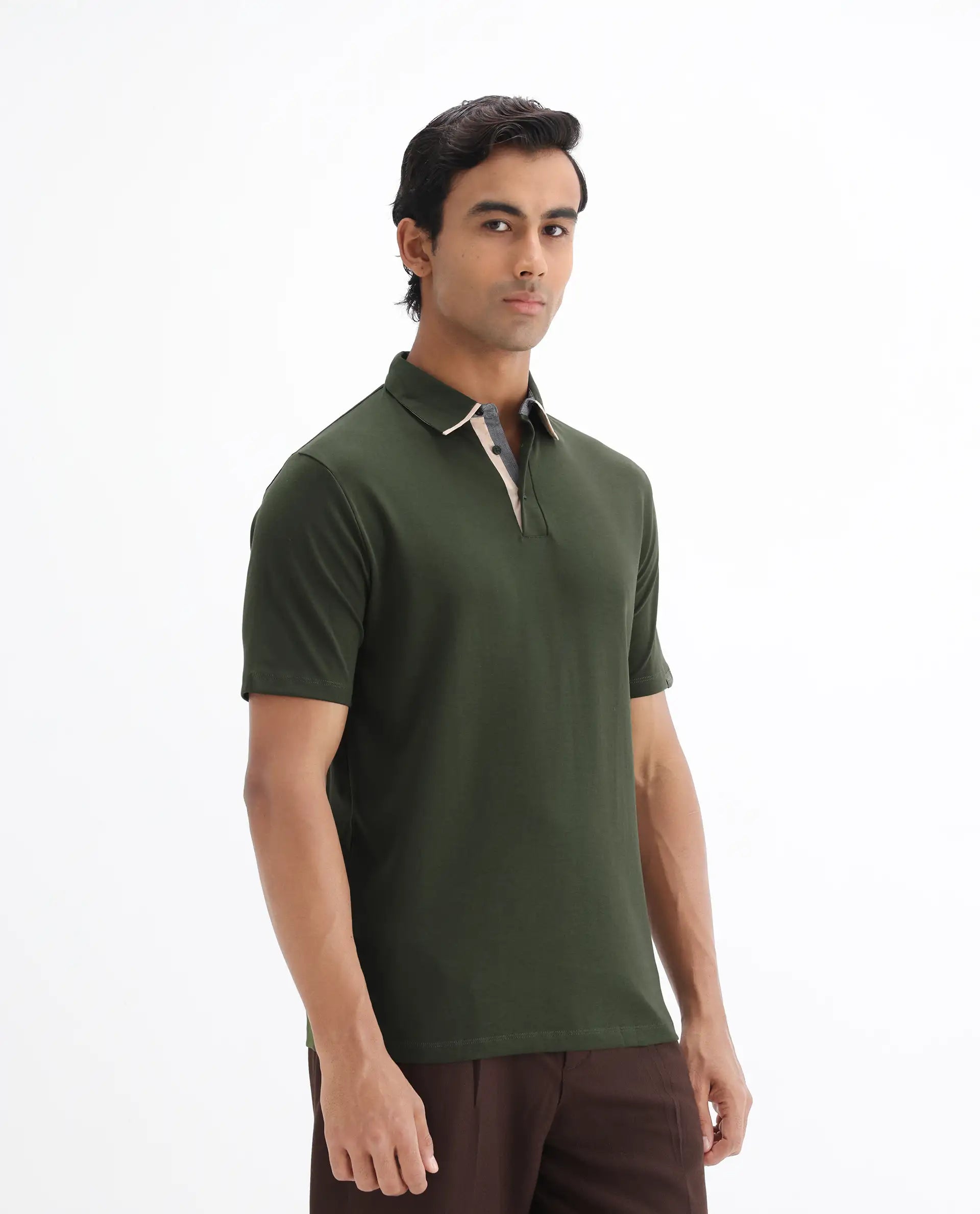 Rare Rabbit Men's Casca Dark Olive Cotton Plain Regular Fit Half Sleeve Polo