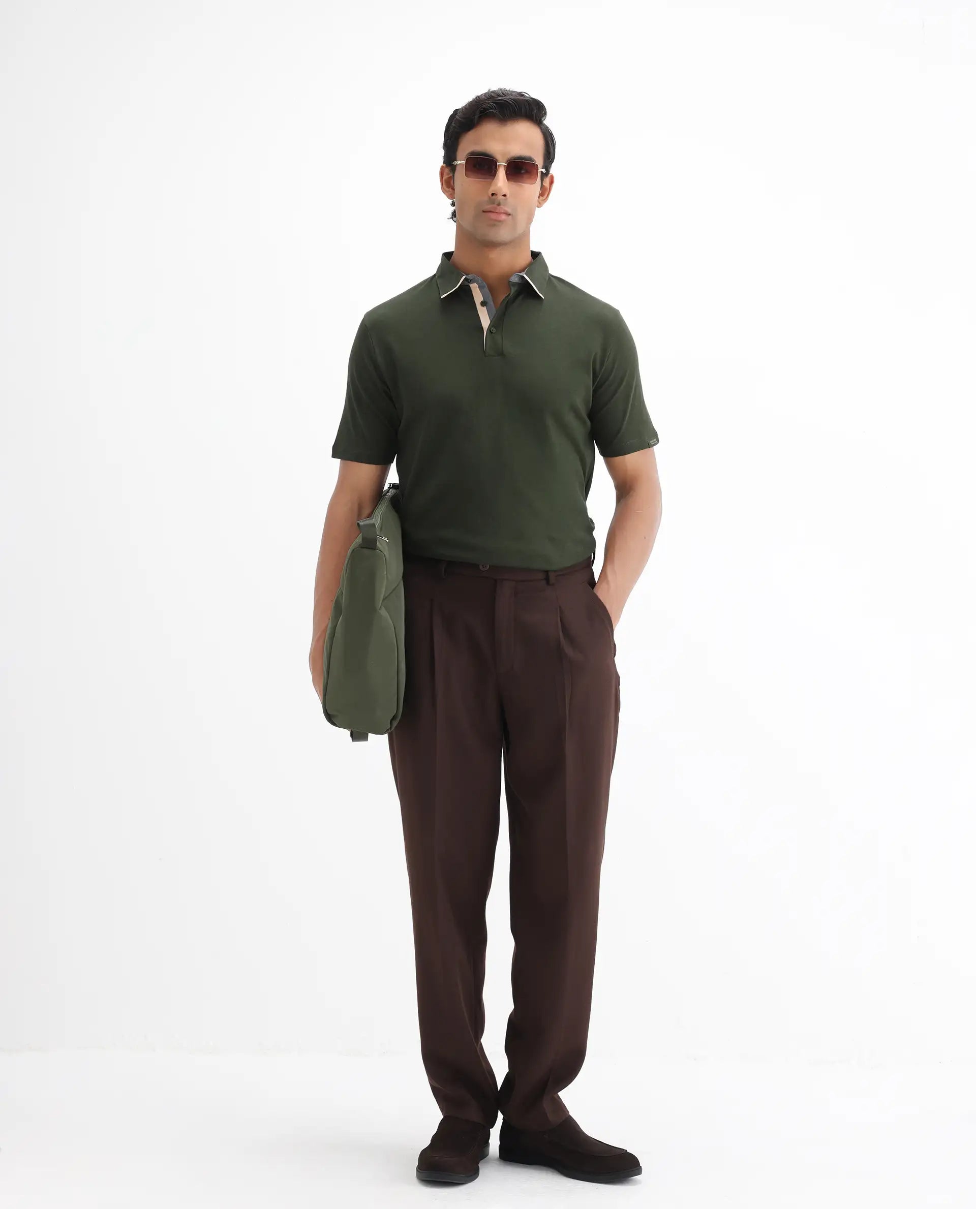 Rare Rabbit Men's Casca Dark Olive Cotton Plain Regular Fit Half Sleeve Polo