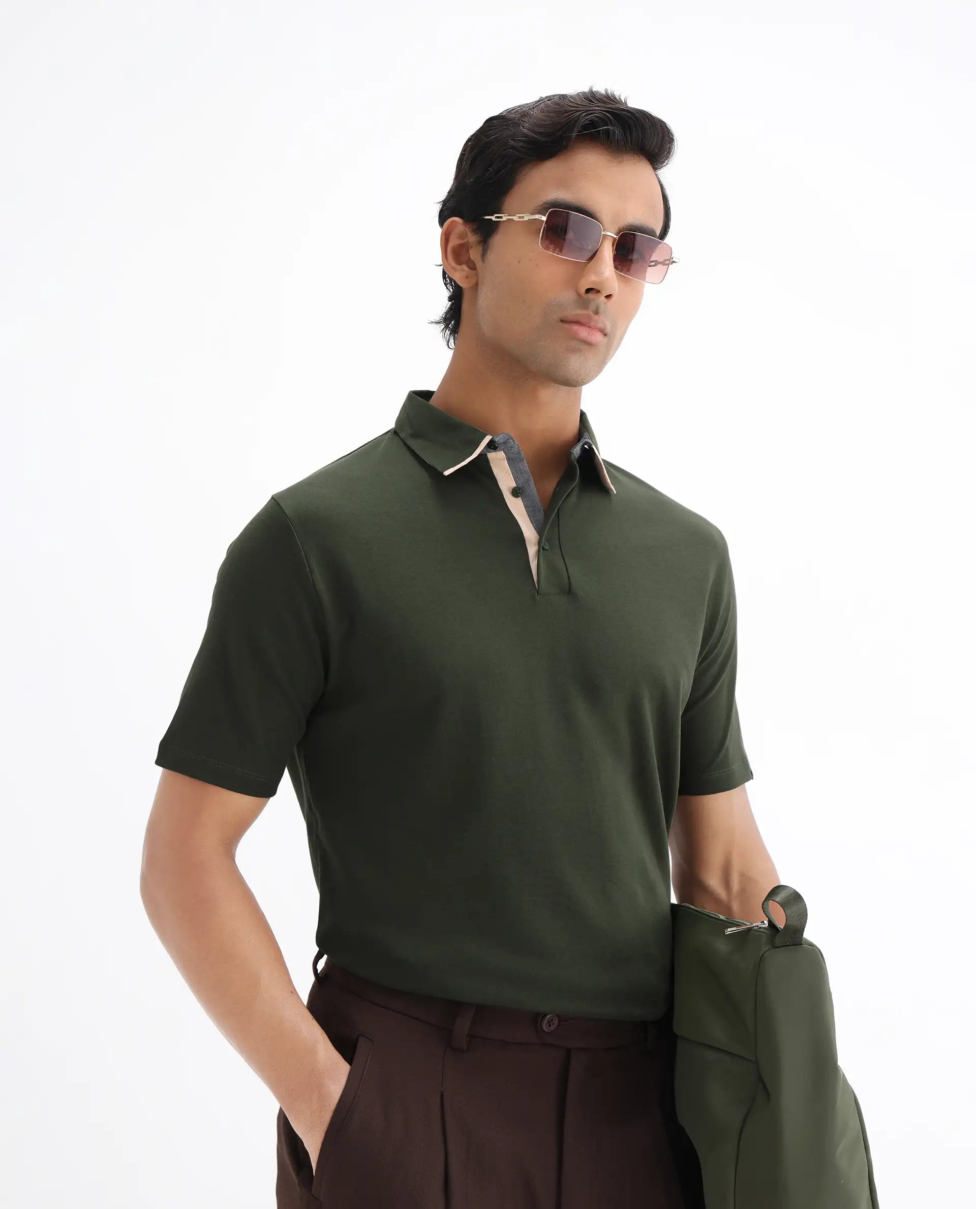 Rare Rabbit Men's Casca Dark Olive Cotton Plain Regular Fit Half Sleeve Polo