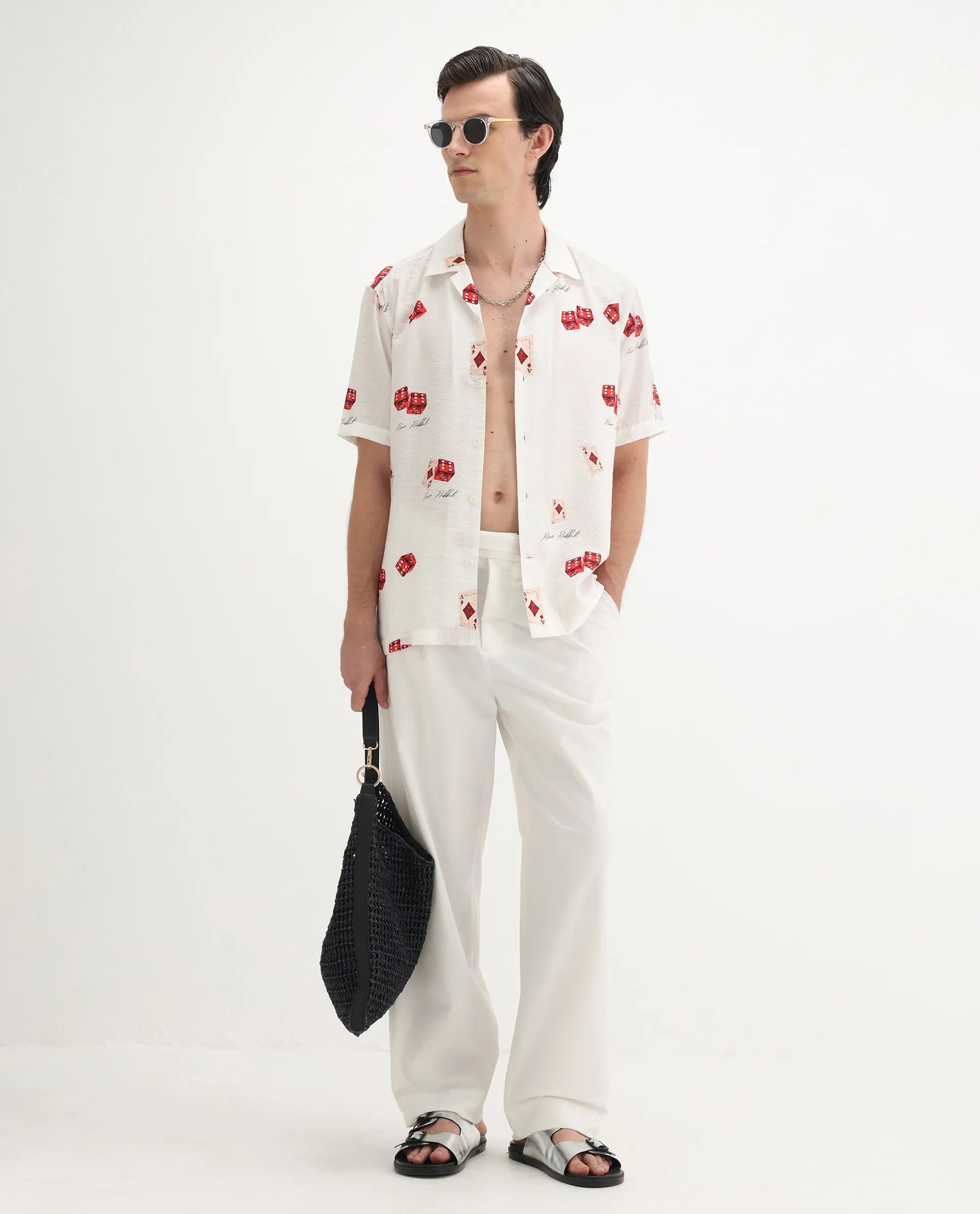 Rare Rabbit Men's Casi White Viscose Blend Decorative Print Relaxed Fit Half Sleeve Collared Shirt