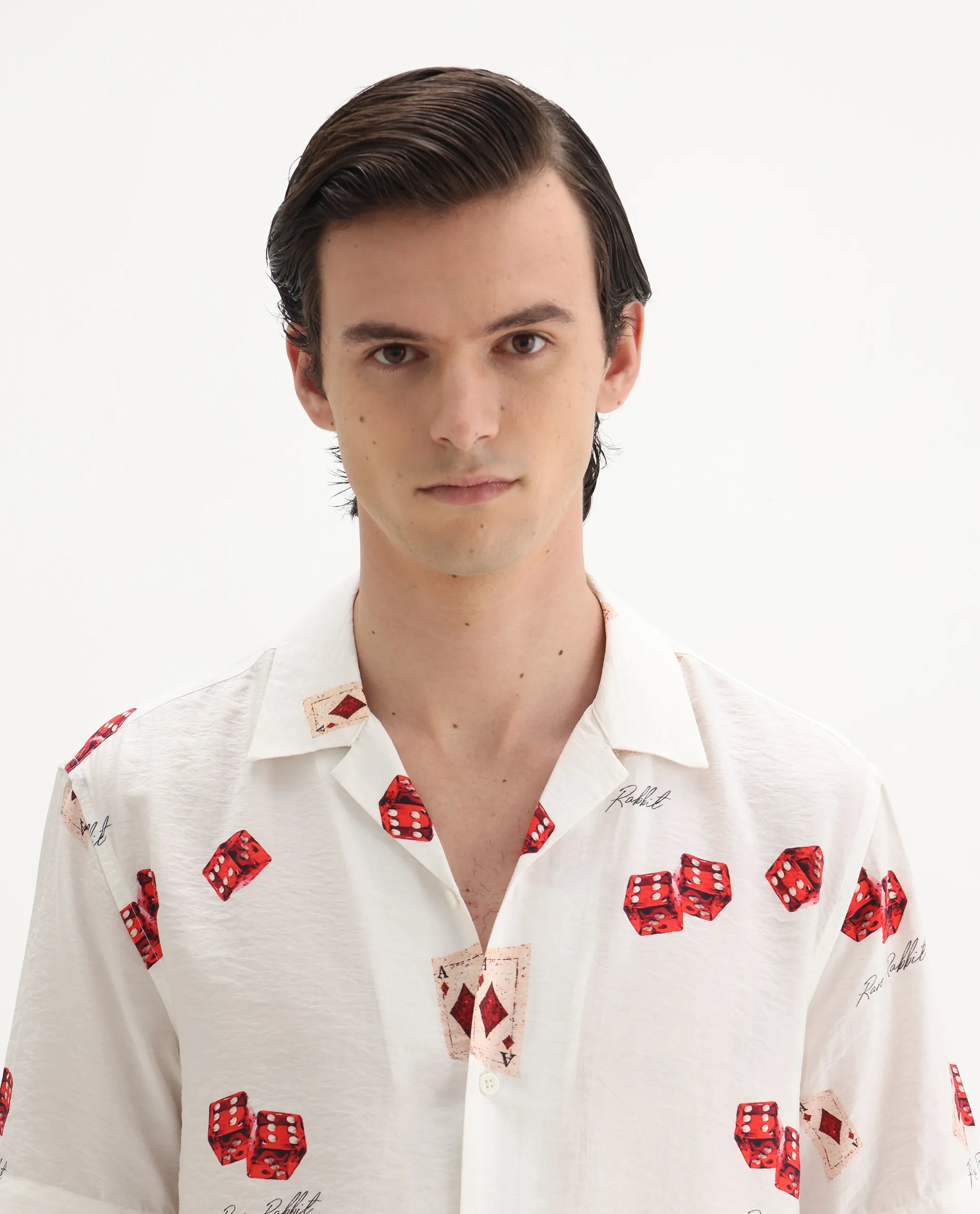 Rare Rabbit Men's Casi White Viscose Blend Decorative Print Relaxed Fit Half Sleeve Collared Shirt