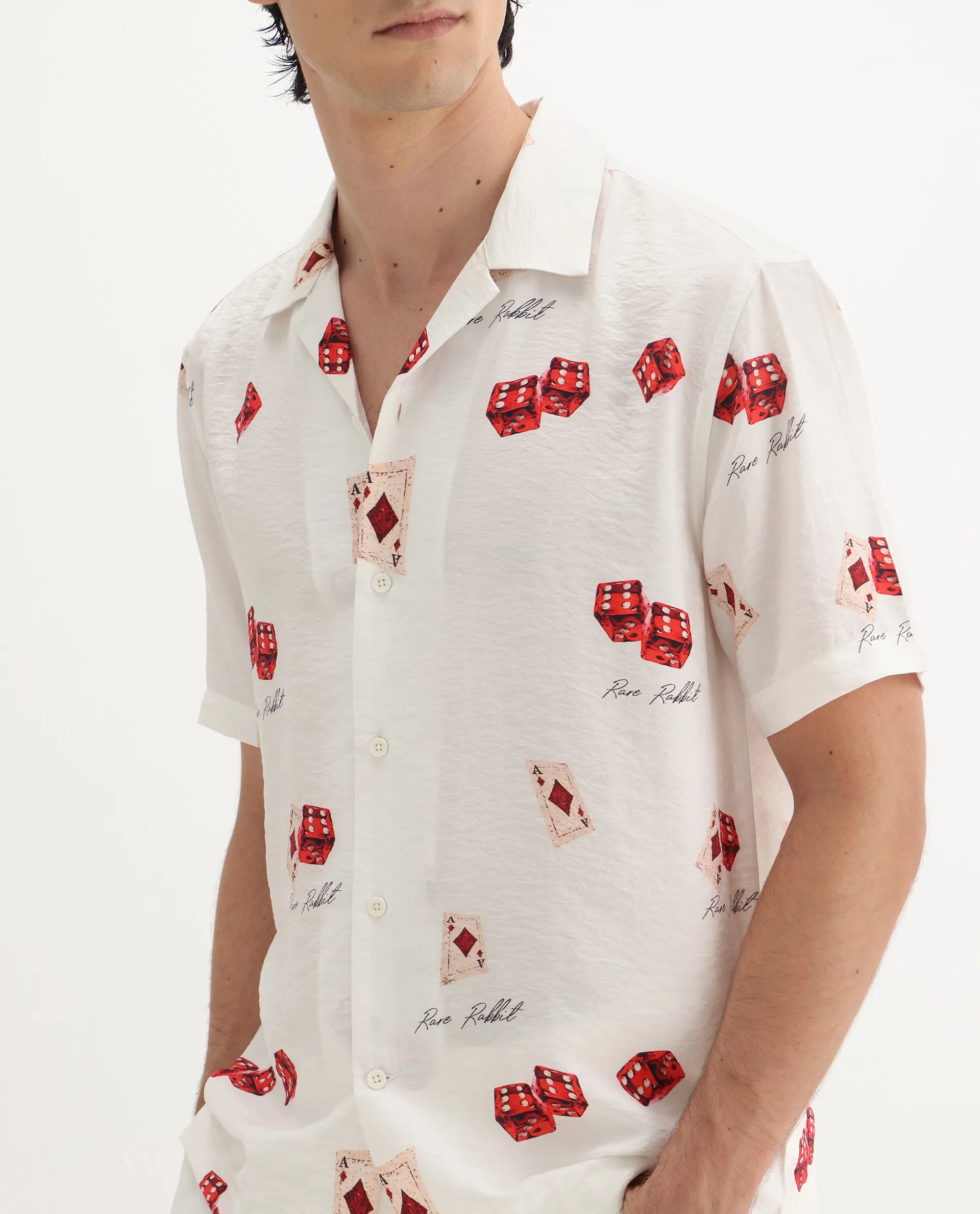 Rare Rabbit Men's Casi White Viscose Blend Decorative Print Relaxed Fit Half Sleeve Collared Shirt